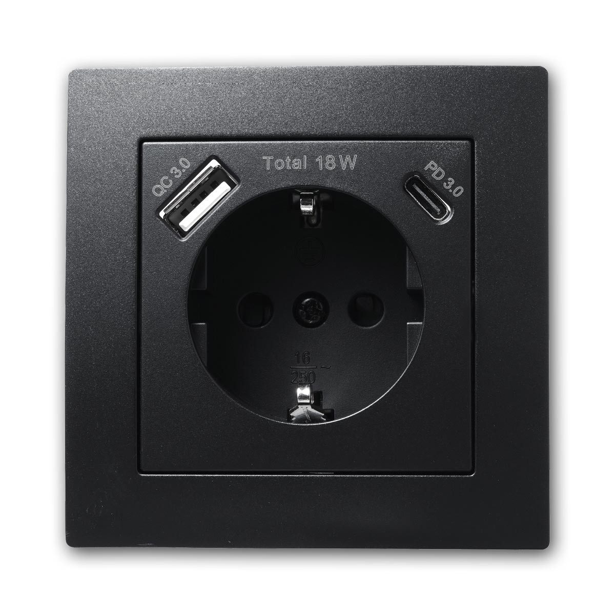 McPower Schuko-Stecker FLAIR Schuko-Steckdose schwarz mit USB-C, m Rahmen