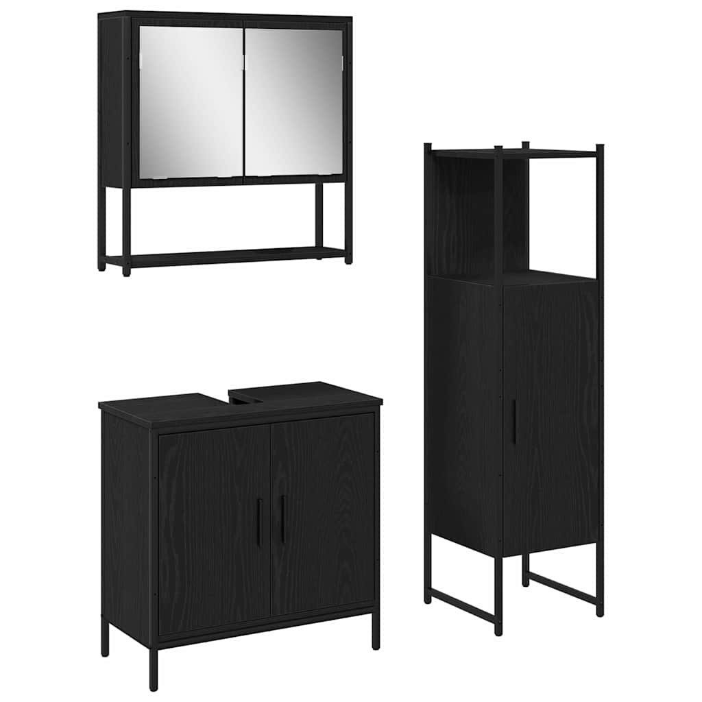 vidaXL Badezimmer-Set Badezimmermöbel-Set mit Regal 3 pcs Schwarz Holzwerkstoff, (3-St)