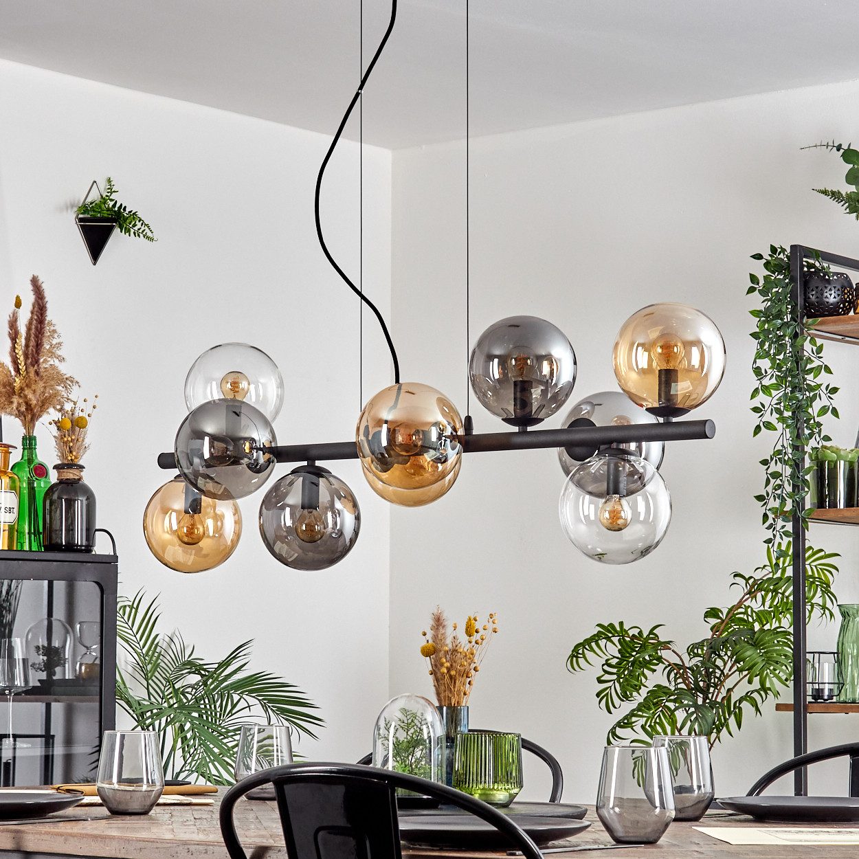 hofstein Pendelleuchte Hängelampe aus Metall/Glas in Schwarz/Bernstein-/Rauchfarben/Klar, ohne Leuchtmittel, Hängeleuchte im Retro/Vintage-Design mit Glasschirmen, 10 x E14
