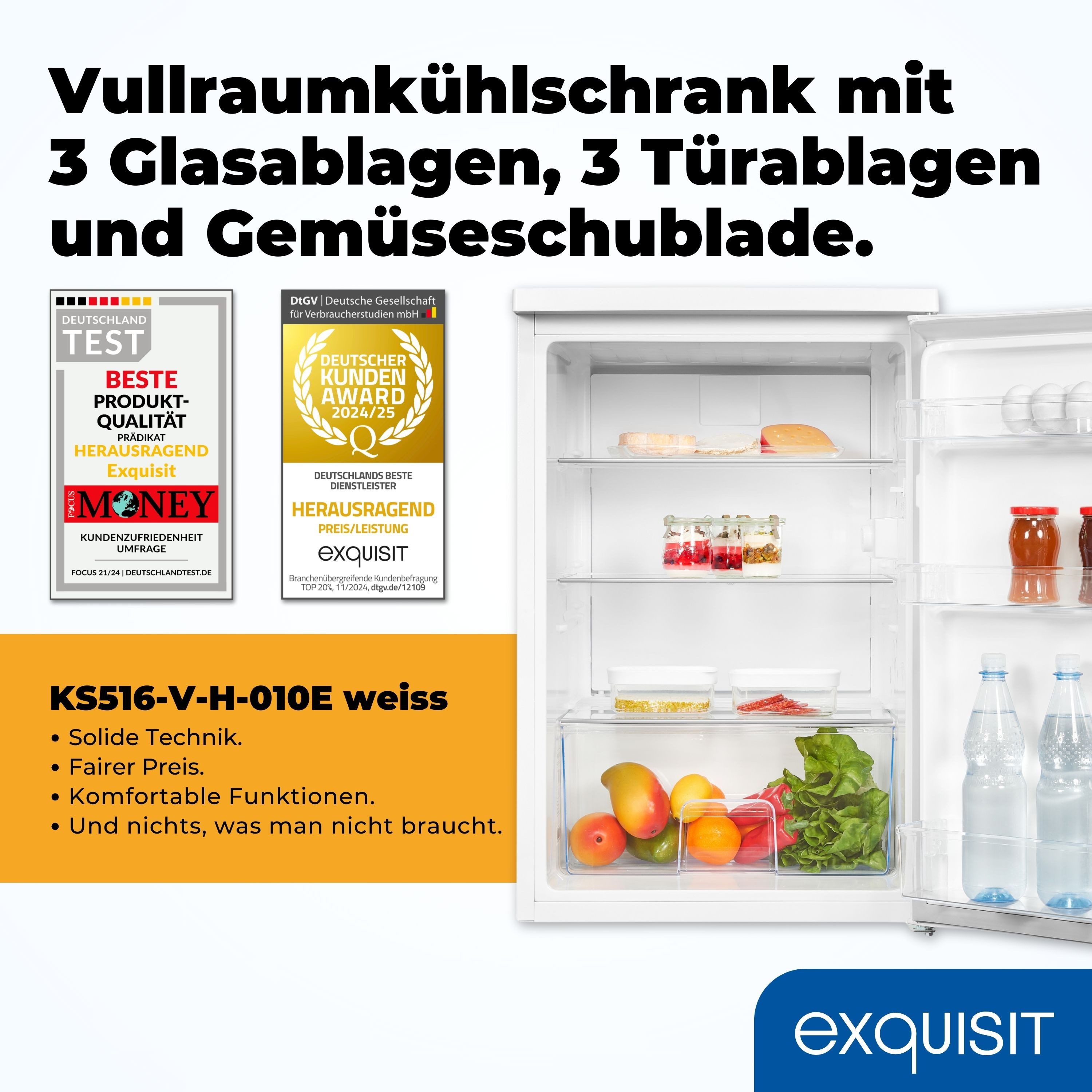 exquisit Vollraumkühlschrank KS516-V-H-010E weiss, mit praktischem Griff, LED-Licht