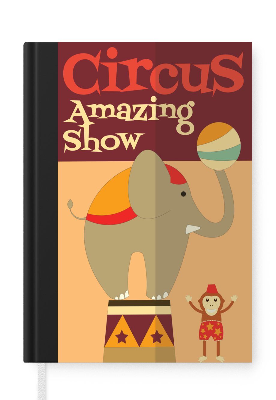 MuchoWow Notizbuch "Zirkus" mit Elefant und Affe auf rötlichem Hintergrund, Journal, Merkzettel, Tagebuch, Notizheft, A5, 98 Seiten, Haushaltsbuch