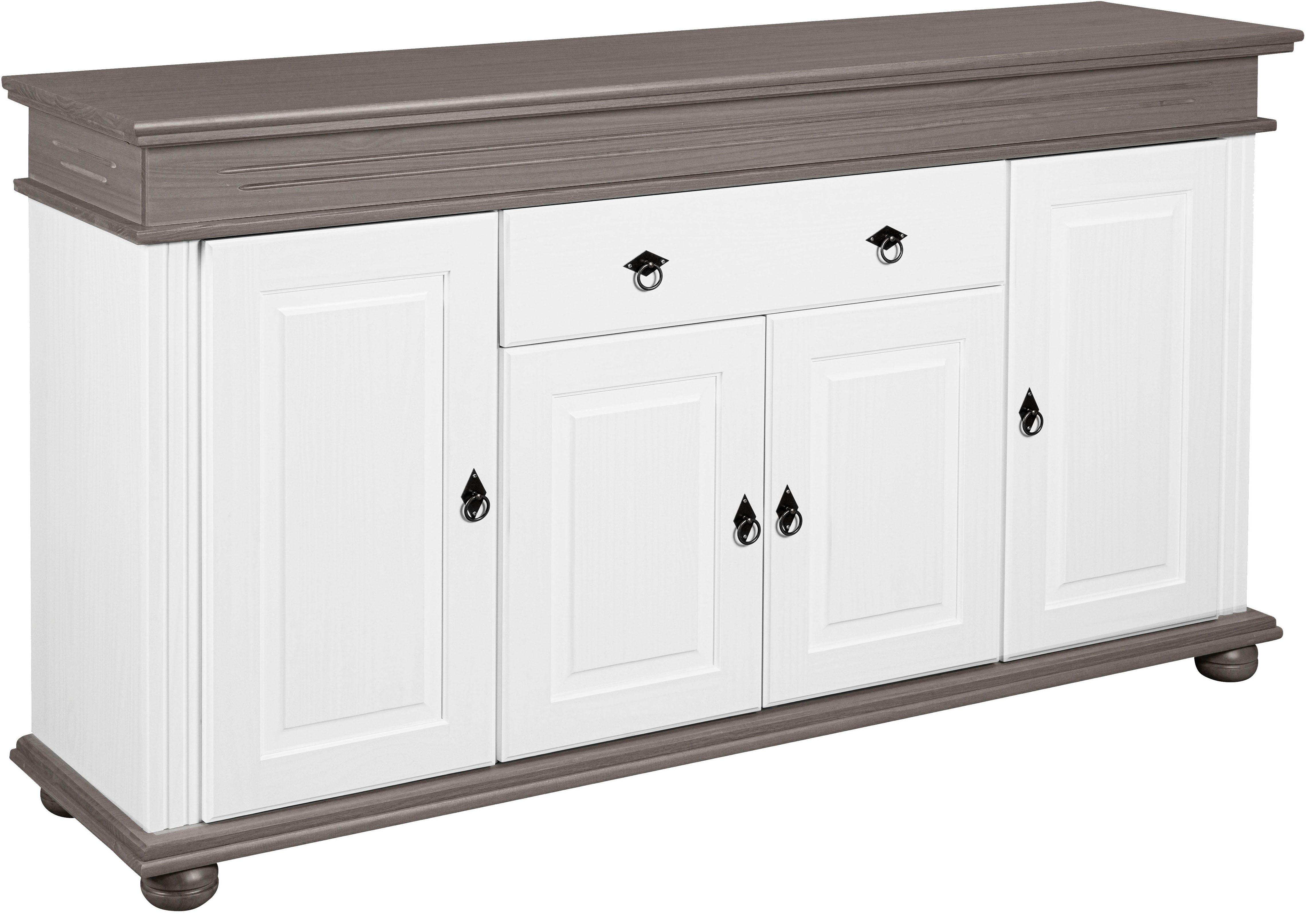 Inter Link Sideboard Halmaro, Kiefer Massivholz, Soft-close, 181 x 46 x 100 cm, Stauraum (1 St), Kommode in Weiss, Grau/Lava, Landhausstil, 4 Türen, 1 Schublade