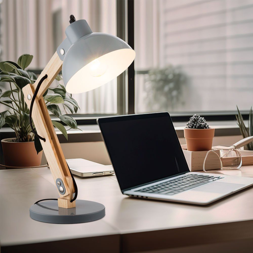 GLOBO LIGHTING Schreibtischlampe, Leuchtmittel nicht inklusive, Schreib Tisch Lampe Leuchte Holz Metall Grau Kabel 1,5 m Schlaf Zimmer