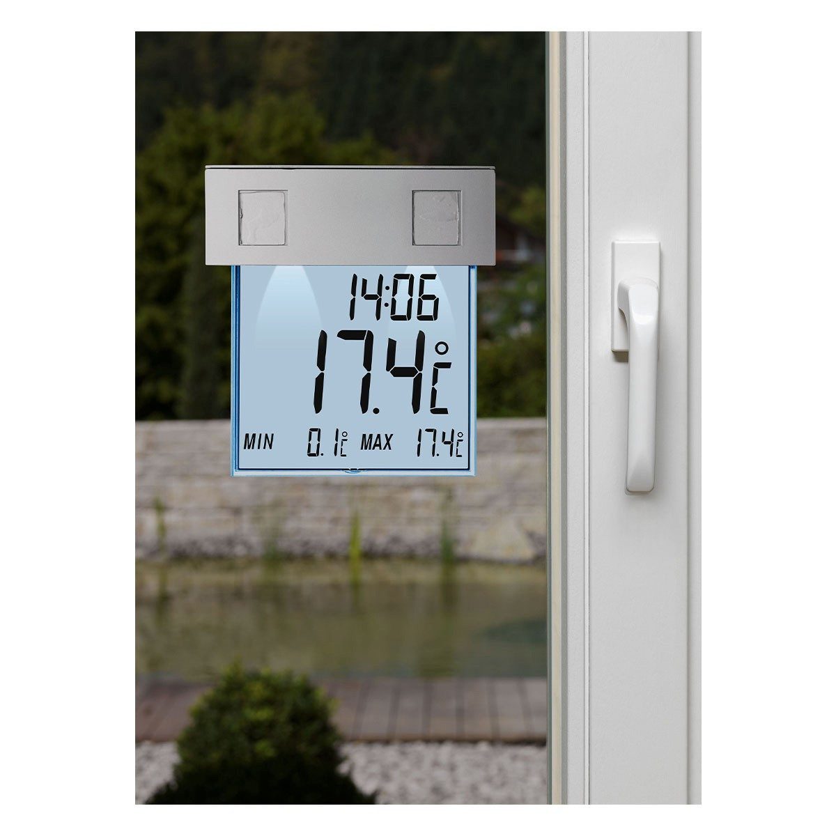 TFA Dostmann Fensterthermometer Digitales Fensterthermometer mit Solarbeleuchtung, 1-tlg., Solarbeleuchtung mit Lichtsensor und Zeitautomatik