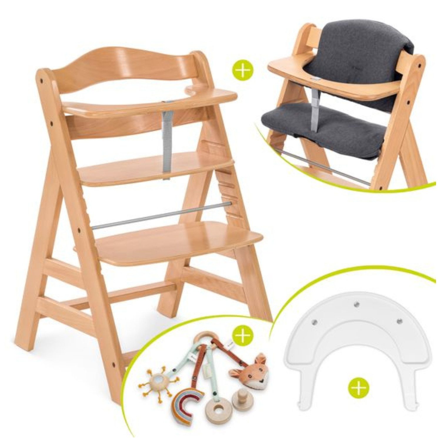 Hauck Hochstuhl Alpha Plus White, Holz Kinderhochstuhl mit Sitzauflage, Play Tray Basis & Spielring