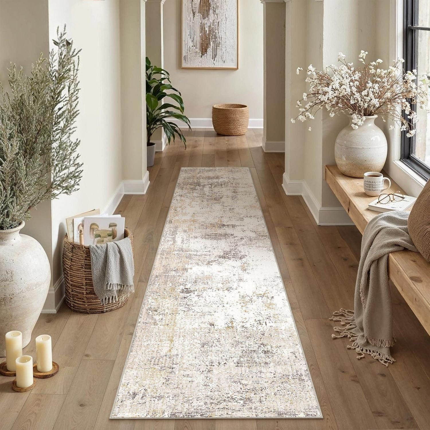 LuxusKollektion Läufer Läufer Flur Teppich Beige/Grau 80x300cm waschbar, rechteckig, Höhe: 5 mm