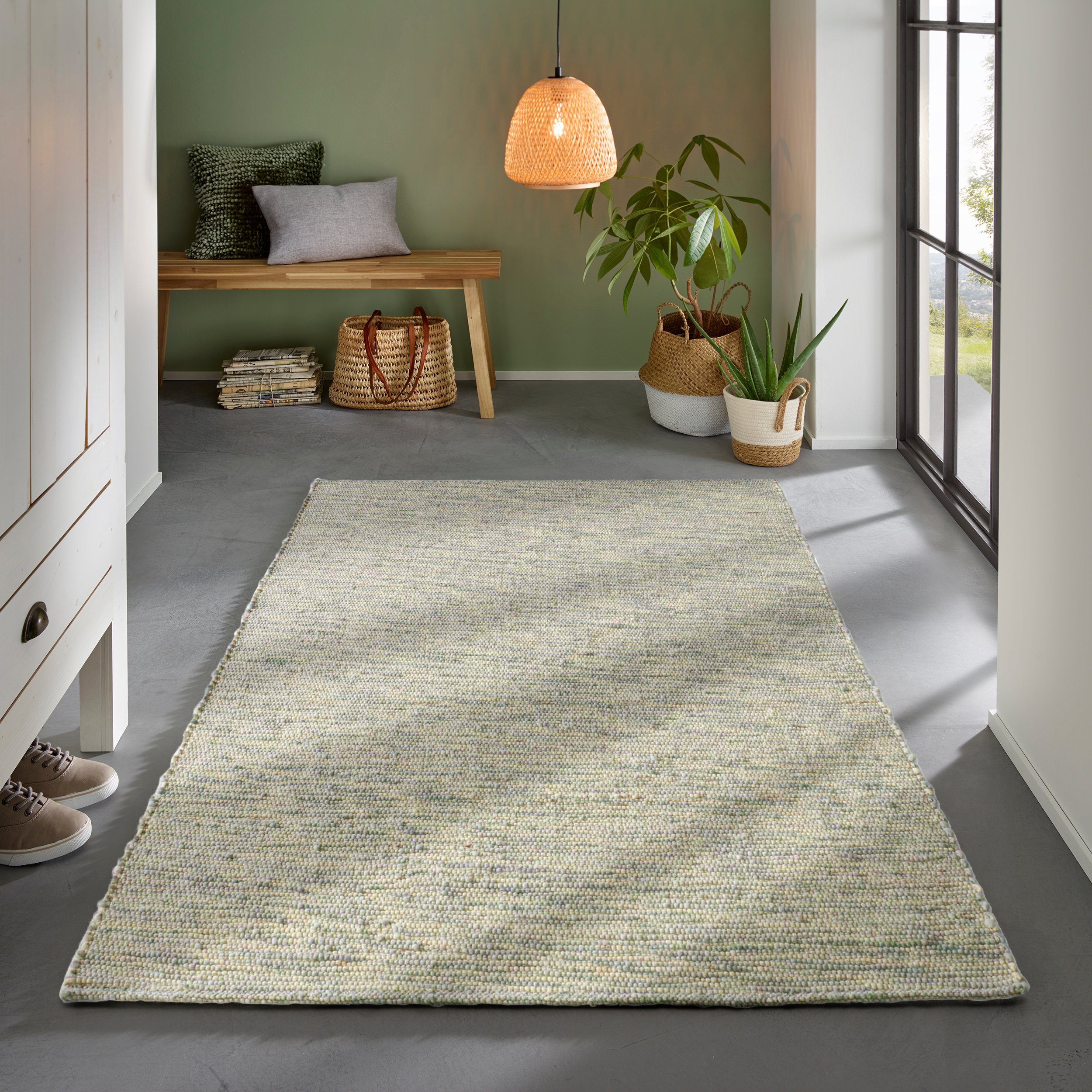 TaCa Home Wollteppich Gewalkter Handweb Woll-Teppich mit zweifarbigem DUO Schuss, rechteckig, Höhe: 9 mm, nachhaltige Schurwolle Wohnzimmer Schlafzimmer, Grün - 70 x 130 cm