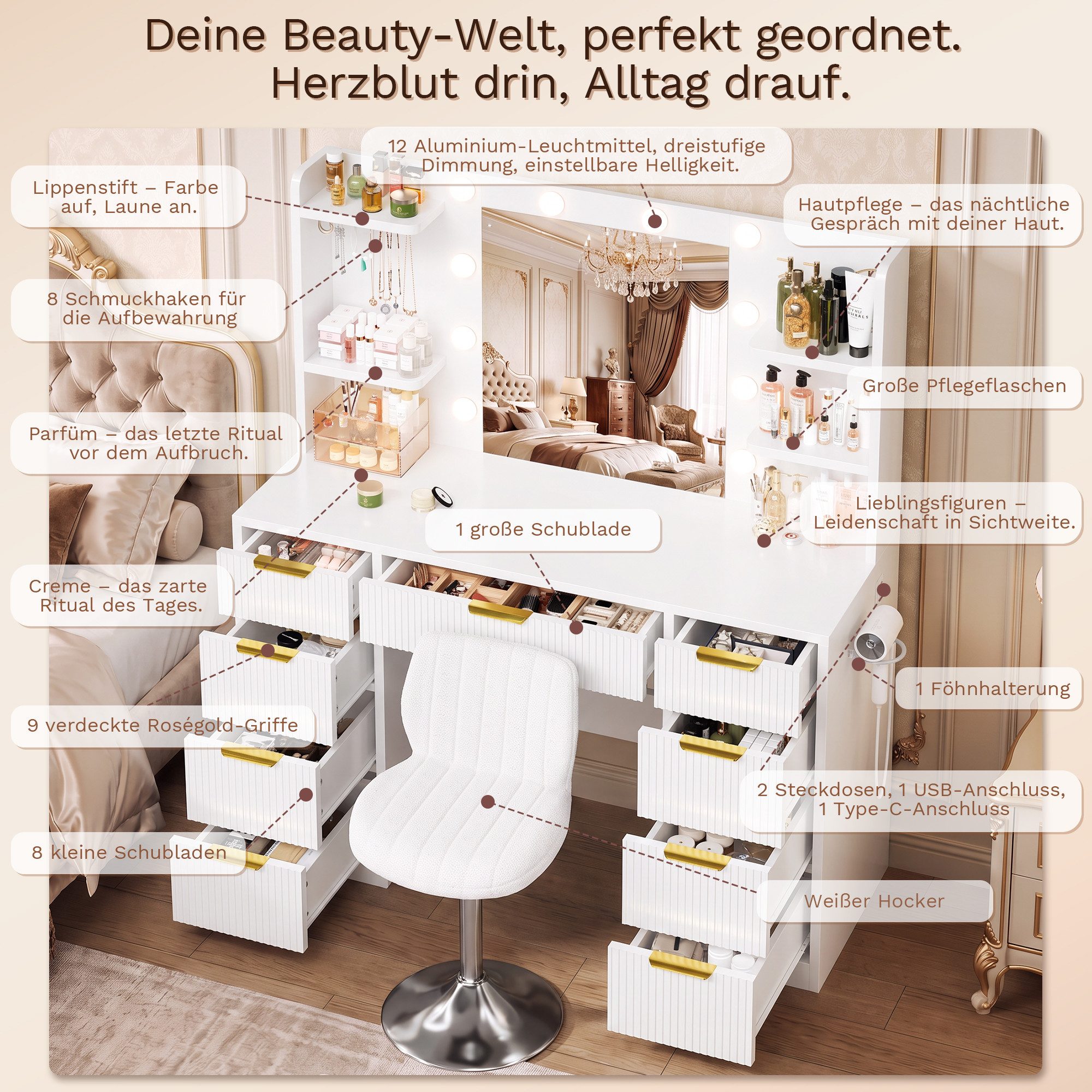 HOMALL Schminktisch LED-Beleuchtung, optional als Set mit Hocker erhältlich (Maße: 108 × 40 × 137 cm, 6 offene Ablagefächer, mit Schmuckhaken, 9 Schubladen, aus – Bild 4 von 5