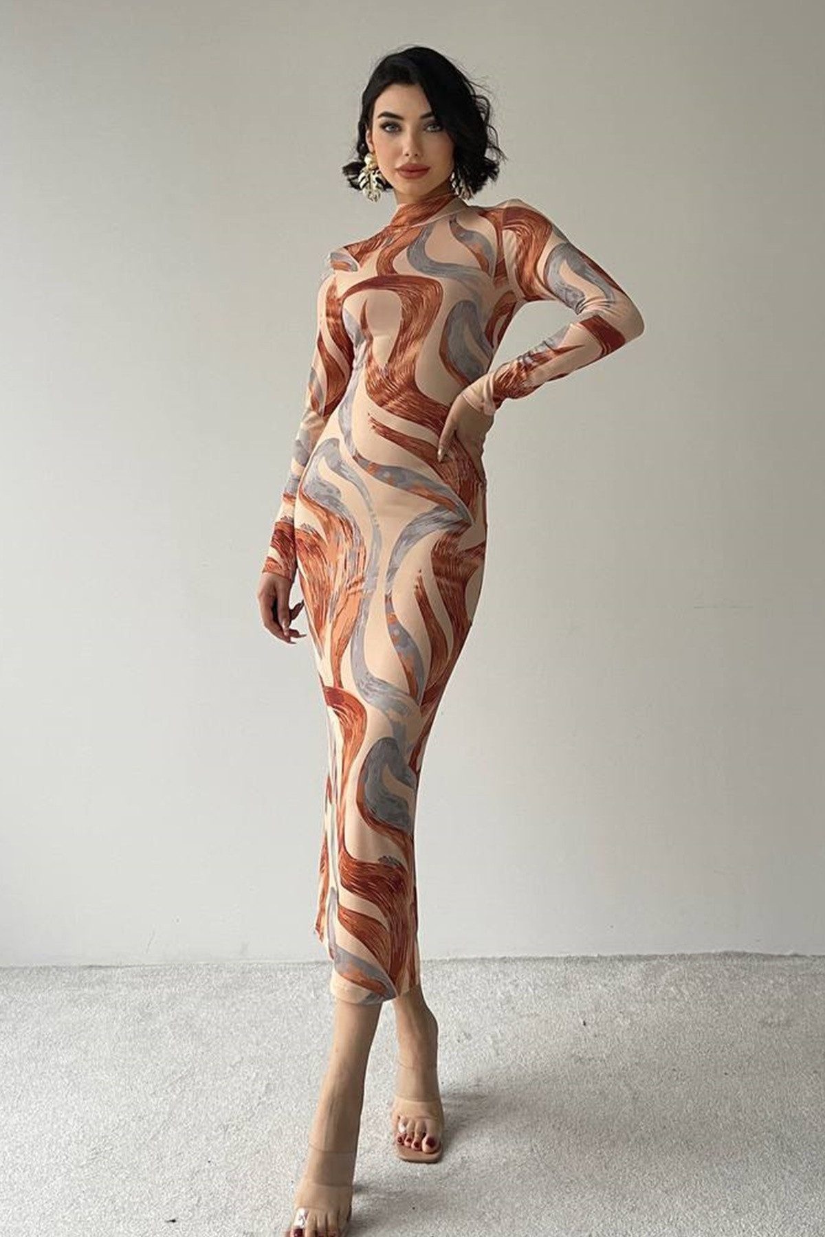 Abendkleid Midikleid mit geometrischem Muster und Digitaldruck, hohem Kragen