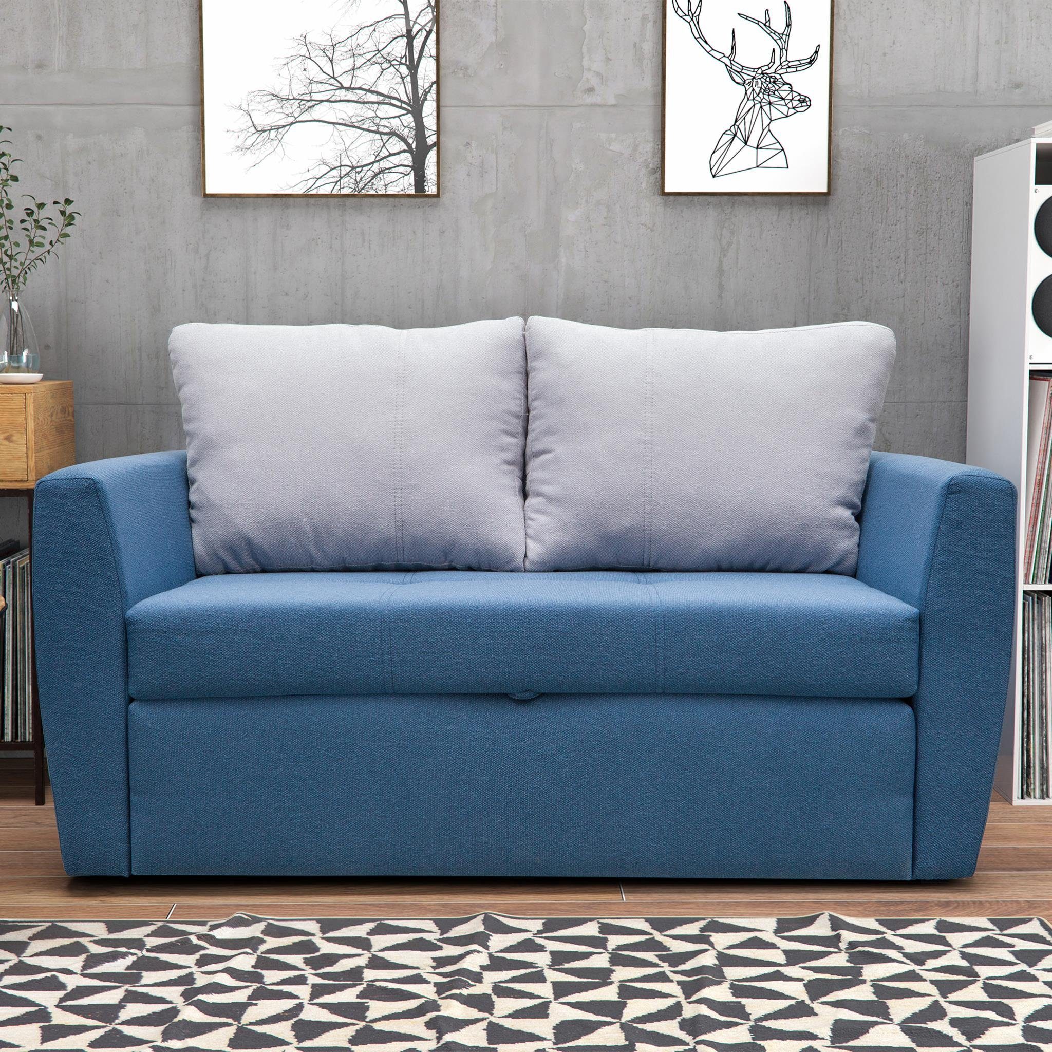 Beautysofa 2-Sitzer Modern Schlafsofa KAMEL 188x122 cm Bettkasten Velour Zweisitzer Blau (metro 74 + metro 84)