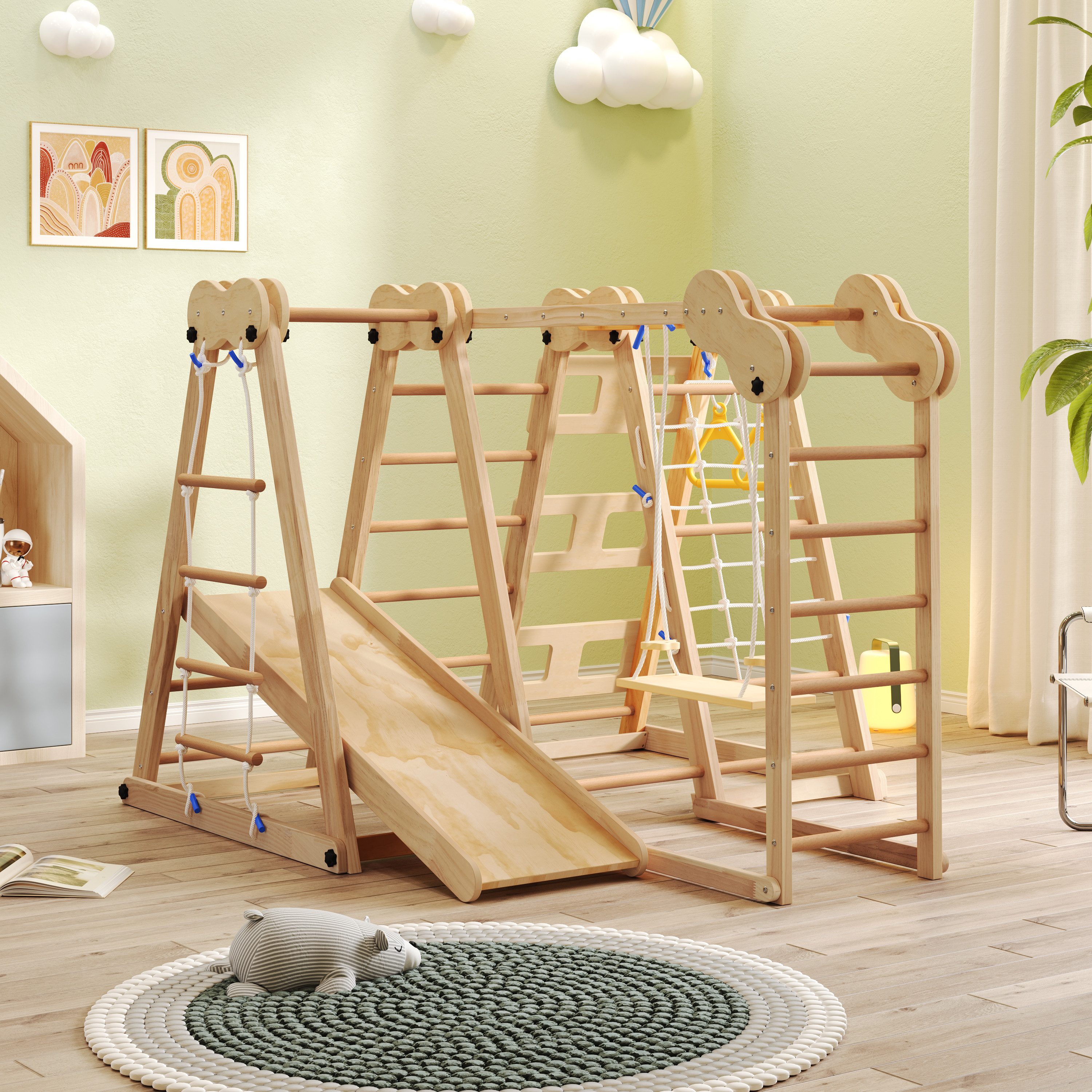 Merax Klettergerüst 7-in-1 Multifunktionales Faltbares Klettergerüst aus Holz, (1-St., Indoor-Spielplatz, Spielset), mit Rutsche, Kletterstange, Schaukel, Kletterseil & Netzleitern