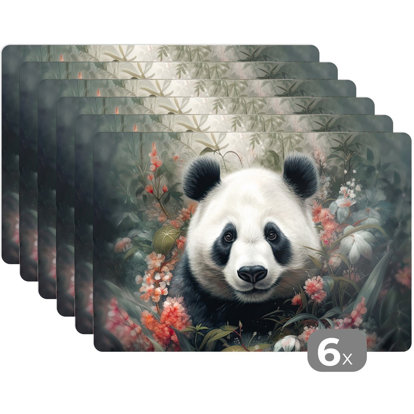 Platzset, Panda - Wildtiere - Schmutzabweisend Platzset, Blumen (6-St), - Natur, Platzdecken, Tischmatten, Platzmatte, MuchoWow