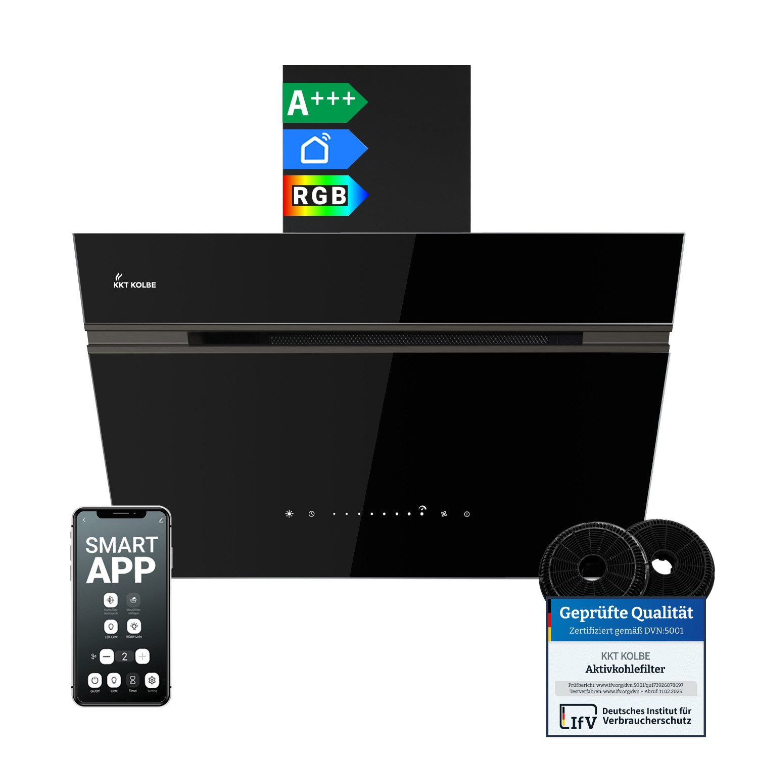 KKT KOLBE Wandhaube Dunstabzugshaube 60cm AURORA6005FB RGBW Ambientebeleuchtung Kopffreihaube / Umluft / Abluft / Smarte WiFi-App / Schwarz / Glas – Bild 2 von 5