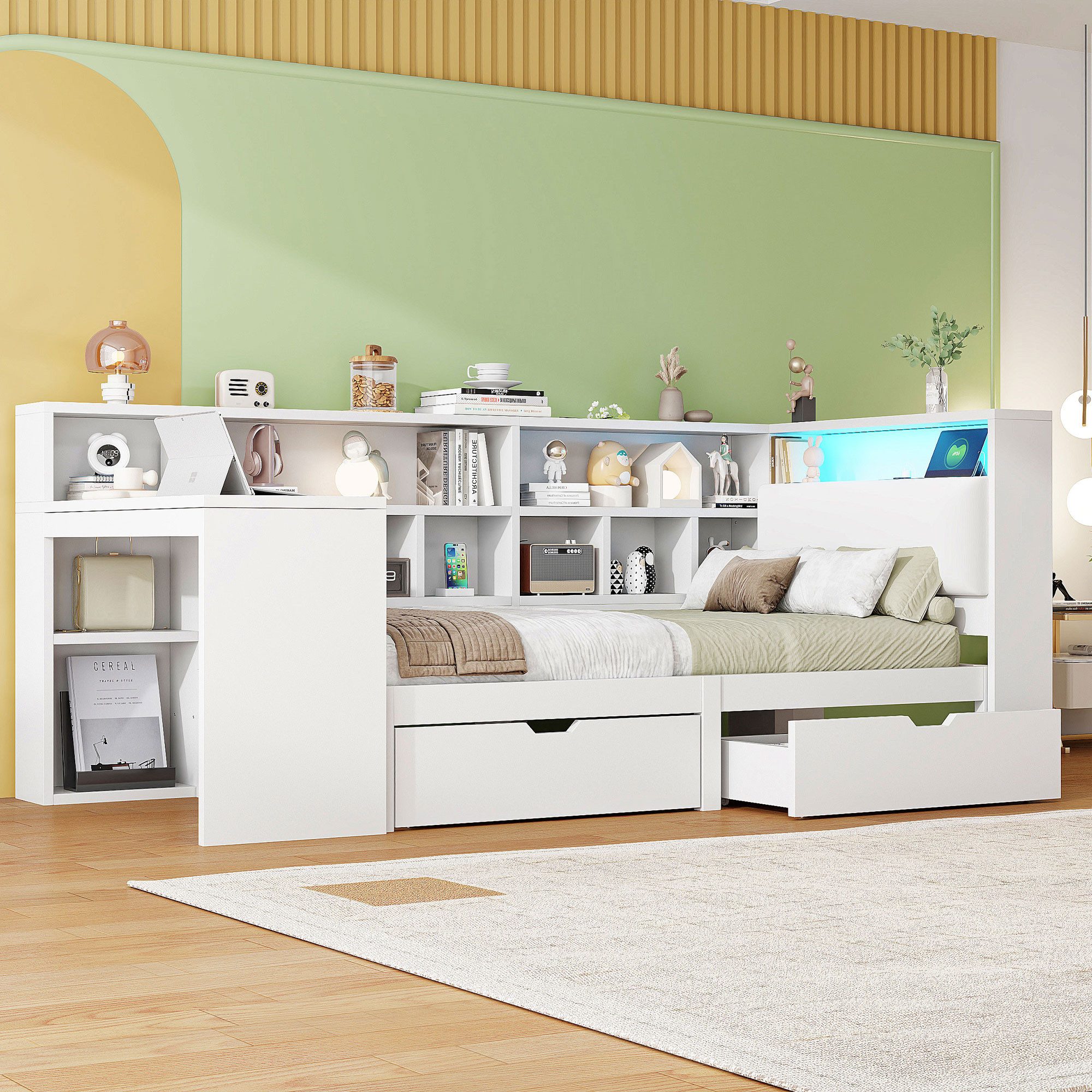 REDOM Stauraumbett Funktionsbett,Einzelbett,Kinderbett,Jugendbett (L-förmiges Holz-Plattformbett mit integriertem Schreibtisch, LED-Beleuchtung und Bücherregal – Weiß für Homeoffice, kleine Schlafzimmer und multifunktionale Räume, 90x200), mit Schreibtisch und Bücherregal