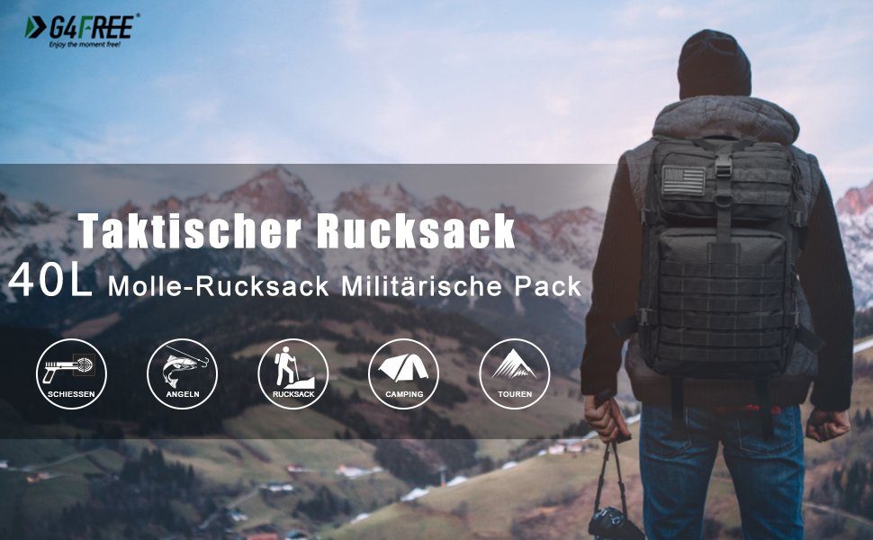 Wanderrucksack, Outdoor 40L G4Free Trekking- Taktisch Schwarz Wanderrucksack für