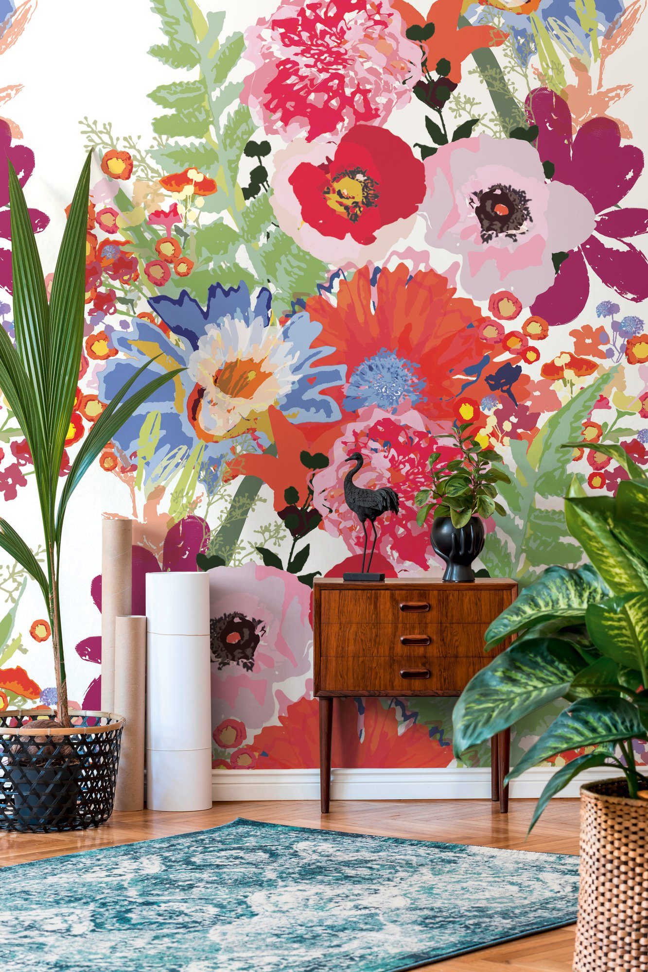 living walls Fototapete Bunte Blumentapete, glatt, matt, gemustert, neutral, (1 St), Blumenranke Tapete Floral Fototapete Blümchen Tapeten Wohnzimmer Flur