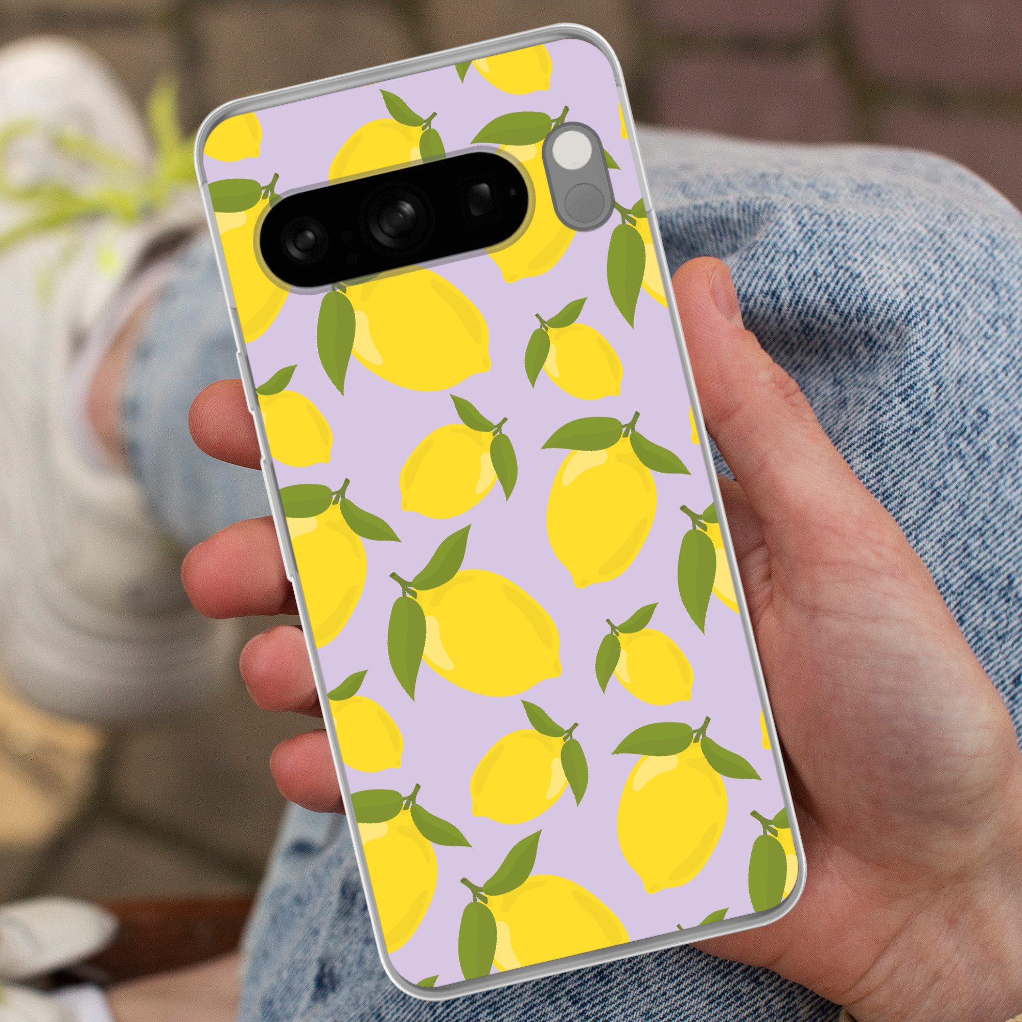 MuchoWow Handyhülle für Google Pixel 8 Pro Muster Zitronen - Gelb - Lila - Muster - Frücht, Phone Case, Silikon, Schutzhülle Dünn