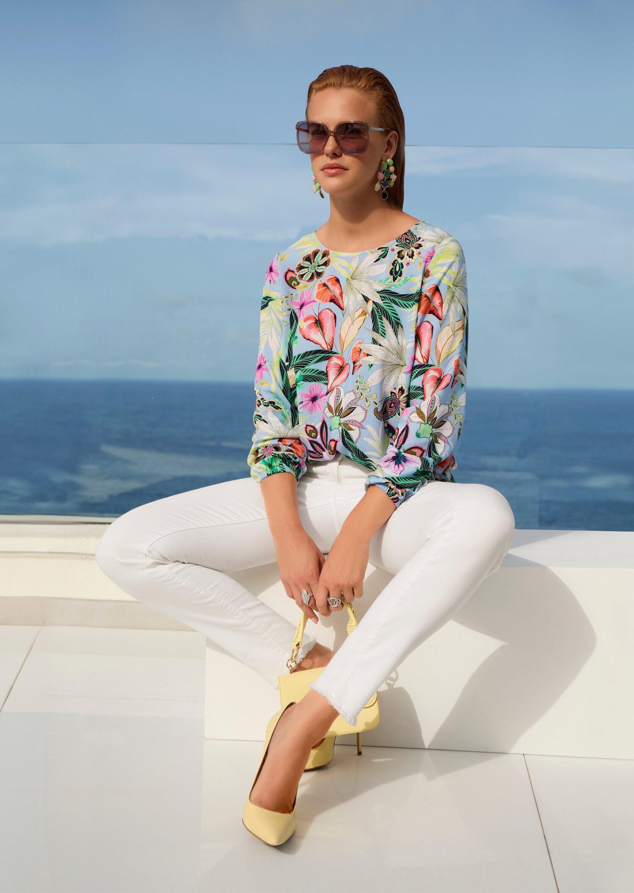 MADELEINE Langarmbluse Fließende Viskosebluse mit Blumenmuster Druckbluse mit Rundhals, Gummibündchen und Langarm