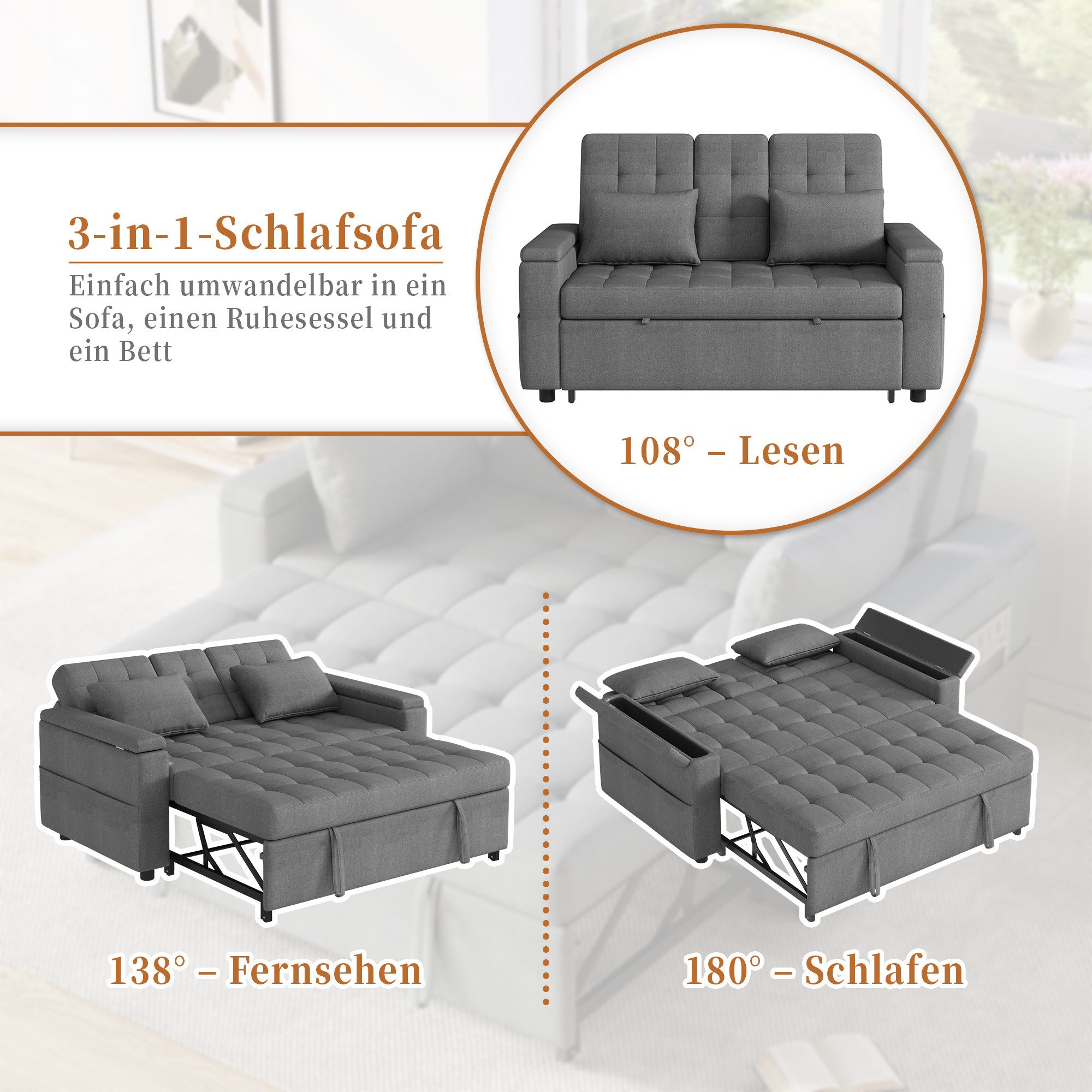 Merax Schlafsofa mit Schlaffunktion & verstellbarer Rückenlehne (108°/138°/180), Baumwoll-Leinen, 159×142,5×92cm 1 Teile, 2-Sitzer Sofa Klappsofa mit Armlehnen- – Bild 4 von 5