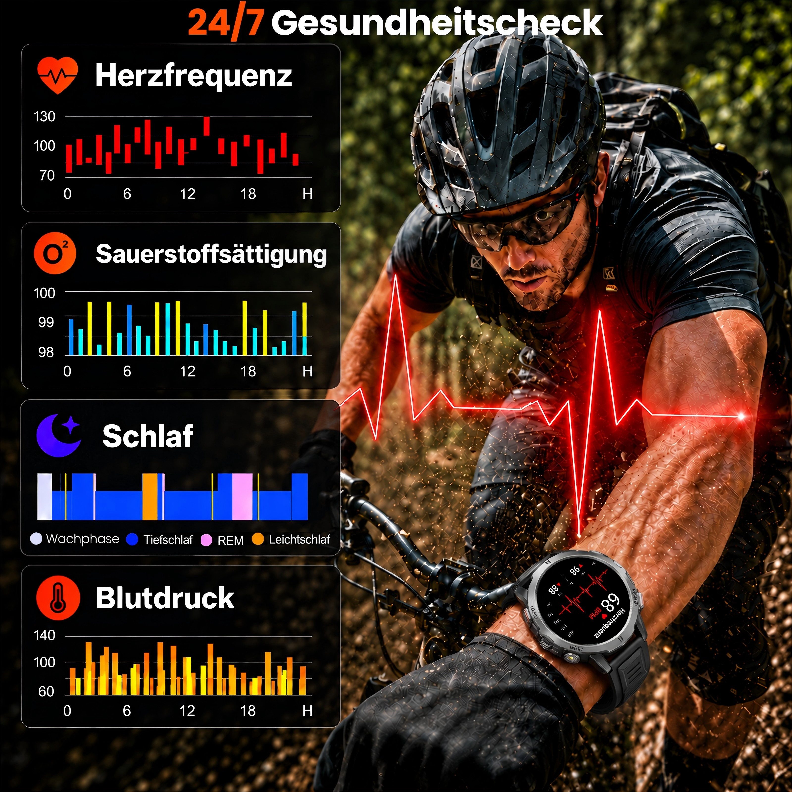 Whraills 2026 Herren Militär-Smartwatch mit 1,85" AMOLED und 75 Tagen Standby Smartwatch, Herren-Fitnessuhr, mit IP68+5ATM, 24/7 Herzfrequenz, SpO₂, Blutdruck & – Bild 4 von 5