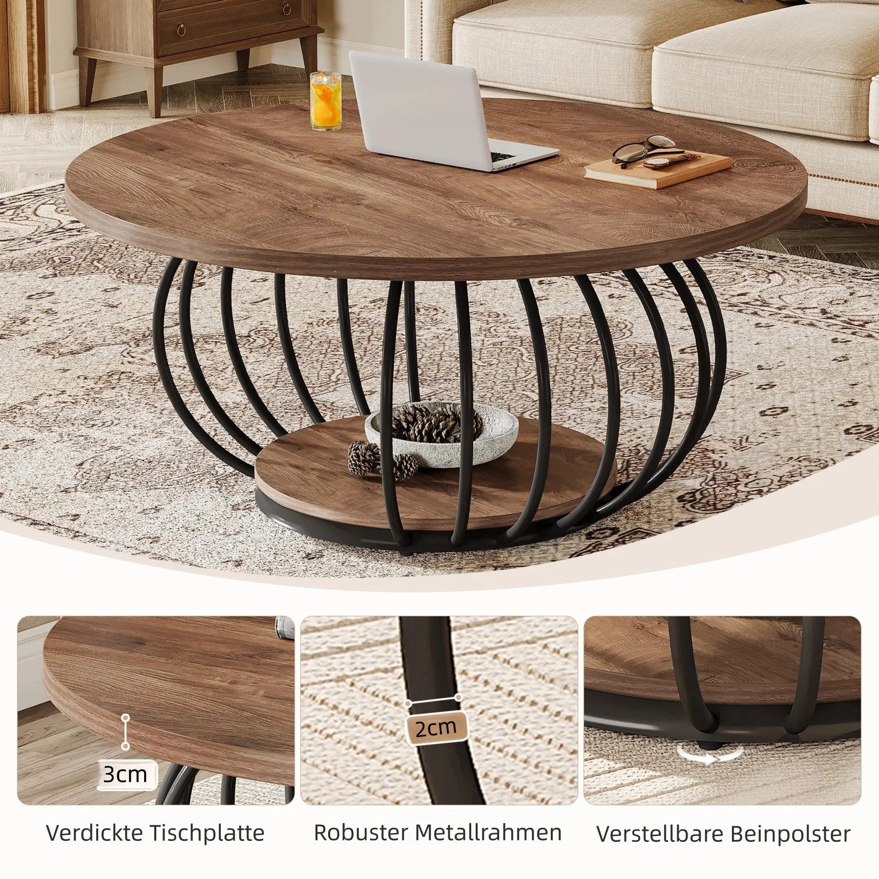 Tribesigns Couchtisch 100 cm Runder Wohnzimmertisch mit Stauraum, 2-stöckiger Metallrahmen – Bild 5 von 5