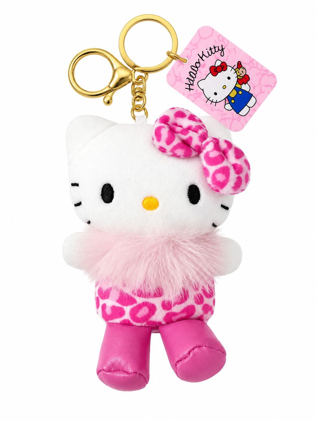 SANRIO Plüschanhänger Hello Kitty Bagclip Kuscheltier Plüsch pink Schlüsselanhänger 10cm (Set, 1-St., Plüschtier mit Anhänger), Weicher Taschenanhänger mit Leo-Design, Clip und Schlüsselring