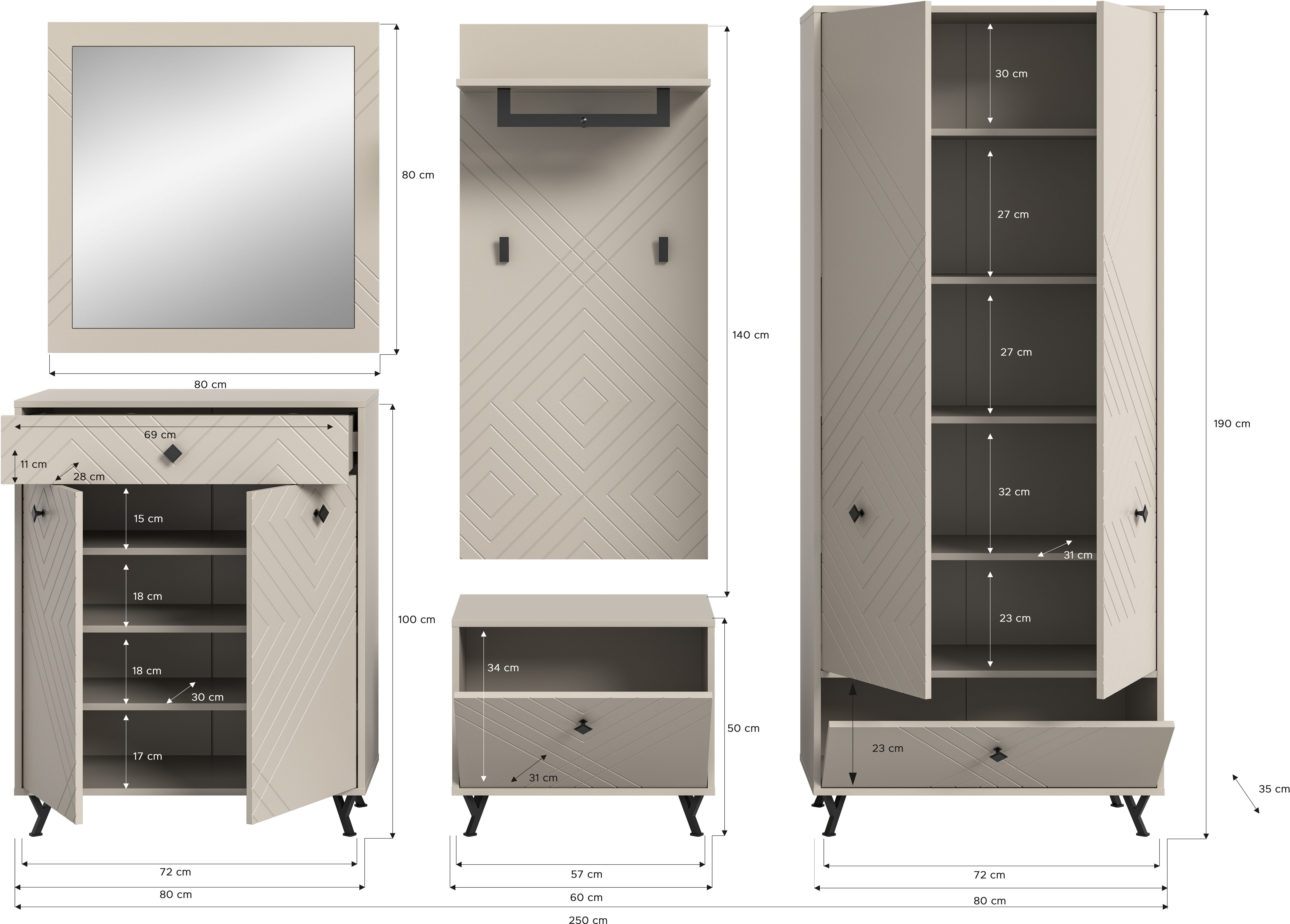 INOSIGN Garderoben-Set Mento, 5-teilig, Ornamentfräsung in der Front, bestehend aus:, (Set, 5-St), Schuhkommode, Spiegel, Sitzbank, Garderobenpaneel, Garderobenschrank