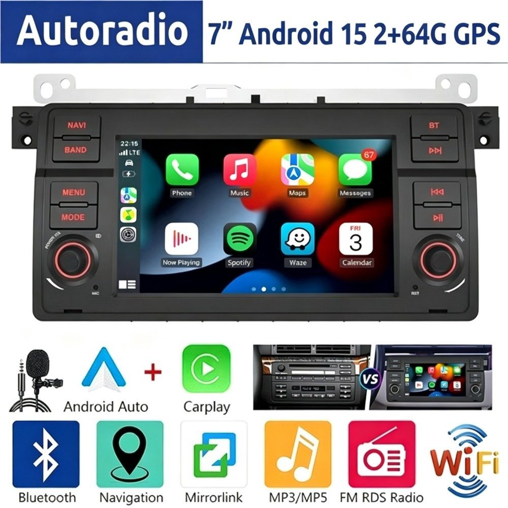 ESSGOO 7" Android 15 Für BMW E46 3er 318 320 325 M3 Rover 75 MGZT GPS Navi Autoradio (RDS, 2+64GB(optional), FM, DAB+ (optional), Wireless Carplay Android Auto Bluetooth EQ USB WIFI Touchscreen SWC)