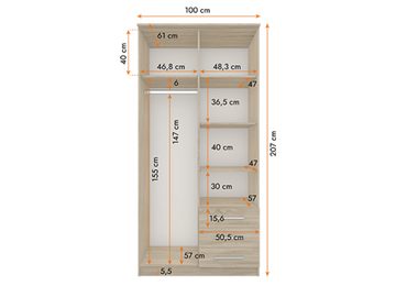 MOEBLO Drehtürenschrank RUTH 2D (mit Spiegel und Schubladen, Kleiderschrank 2-türig Schrank Garderobe Schlafzimmer) (BxHxT):100x210x64cm
