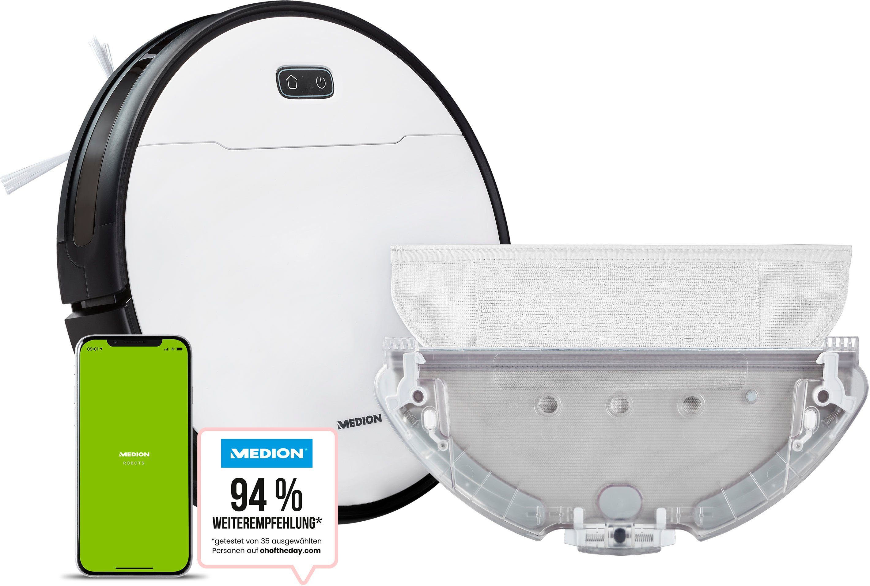 Medion® Nass-Trocken-Saugroboter S30 SW MD 20021, zu App bis Alexa, + regulierbare Min, 140 Laufzeit Wasserabgabe