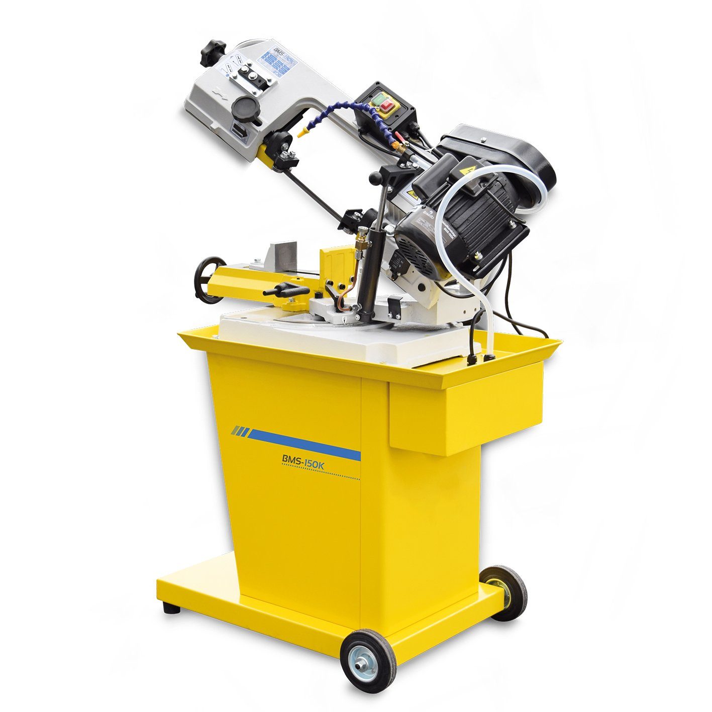 BAMATO Metallbandsäge BMS-150K Metallsäge 400V Bandsäge 128mm Schnittleistung Kühlung, 1-St., 3 Geschwindigkeiten, Fahrwerk, -45° bis +60° schwenkbar