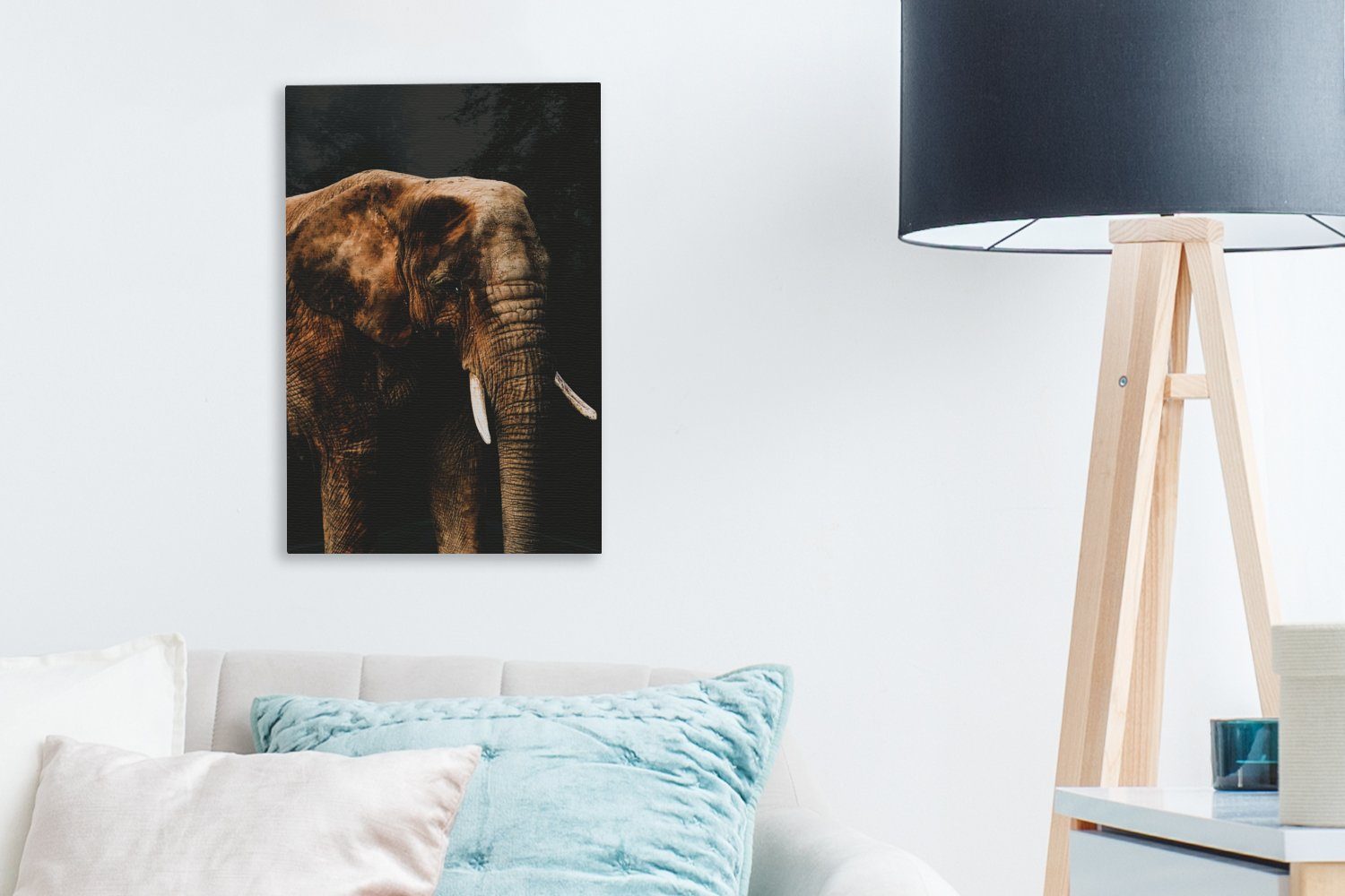 inkl. (1 Zackenaufhänger, - 20x30 Farbe, St), Schwarz cm Leinwandbild - Gemälde, bespannt Elefant OneMillionCanvasses® fertig Leinwandbild