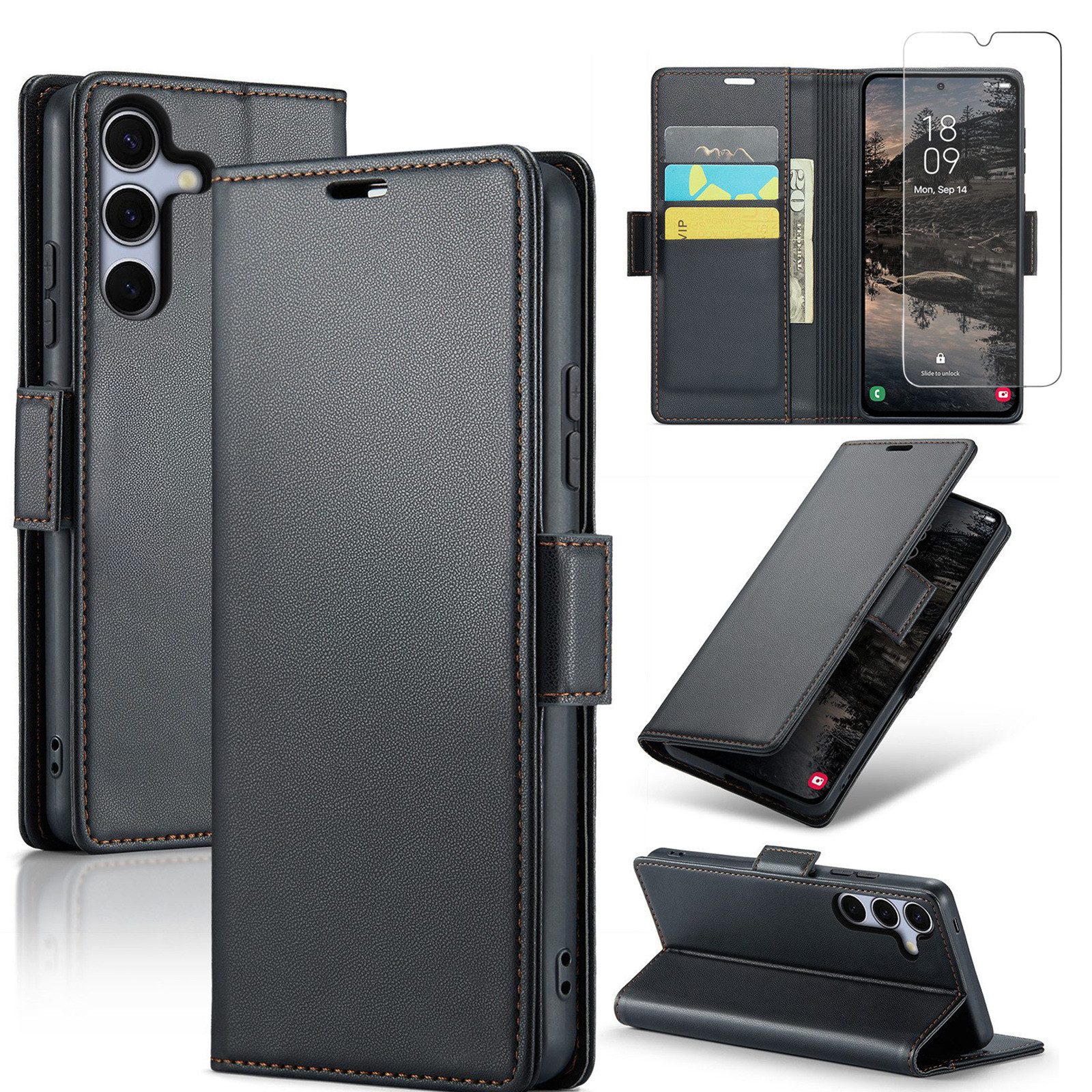 CLM-Tech Handytasche + Panzerglas für Samsung Galaxy A17 5G PU Leder Klapphülle (Spar-Set, 2-tlg., Flip Case inklusive Standfunktion und Kartenfächer), Magnetverschluss, RFID-Blockierung