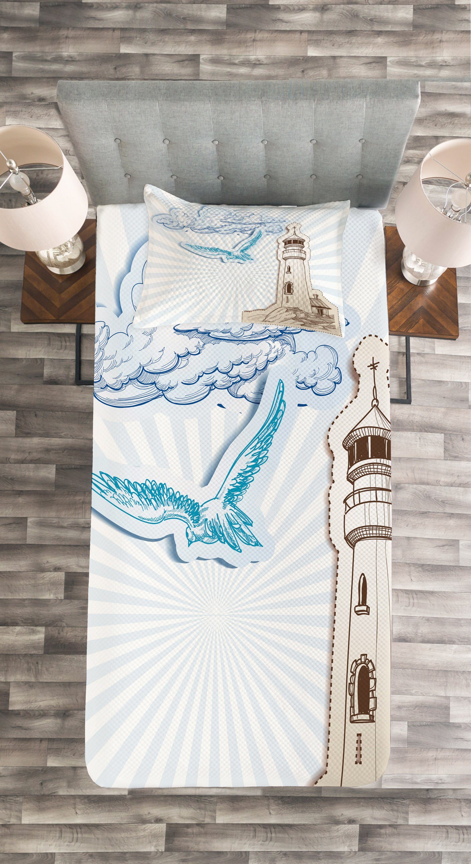 Waschbar, Set Tagesdecke Leuchtturm Stil Kissenbezügen mit Blauer Pop-Art Abakuhaus,