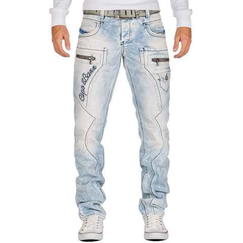 Cipo & Baxx Bikerjeans BA-CD272 Regular Fit Jeans Hose in hellblau mit Verzierungen und Reißverschlüssen