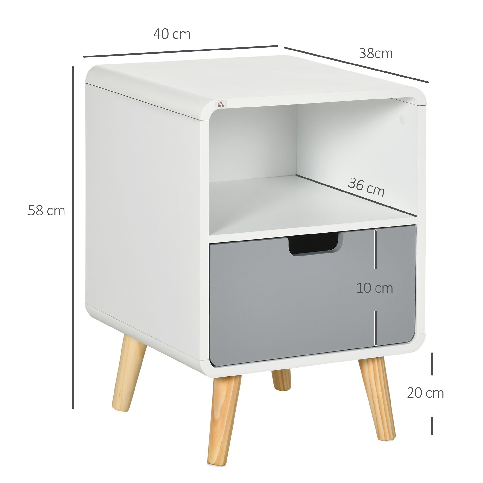 HOMCOM Nachttisch Beistelltisch mit Schublade, Offenem Fach (Nachtschrank, 1-St., Nachtkommode), für Schlafzimmer, Wohnzimmer, Weiß, 40 x 38 x 58 cm