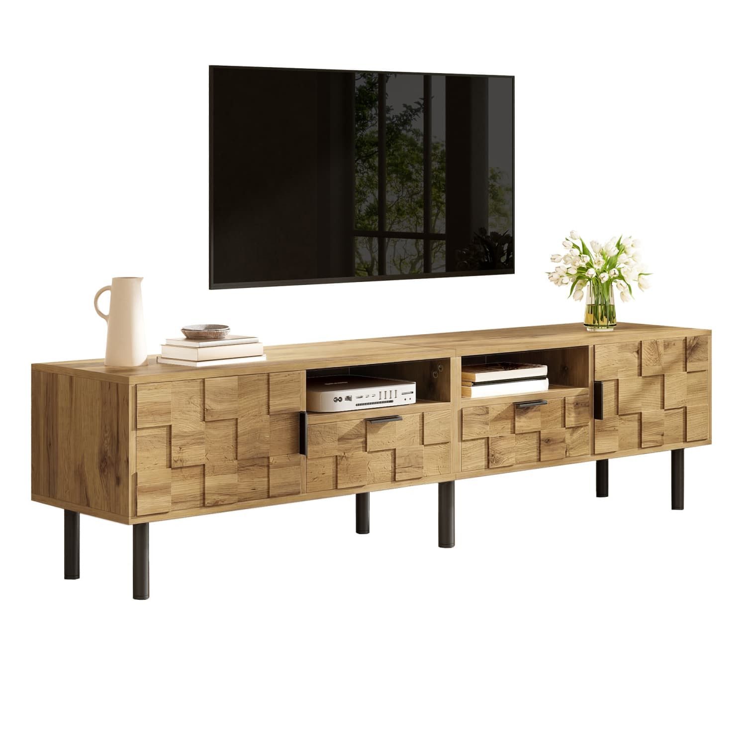 autolock TV-Schrank Mosaik-TV-Schrank,TV-Lowboard,2-türig mit 2 Schubladen,Medienkommode TV-Möbel aus Holzoptik, Spanplatte, Metallfüße, 2 offene Fächer