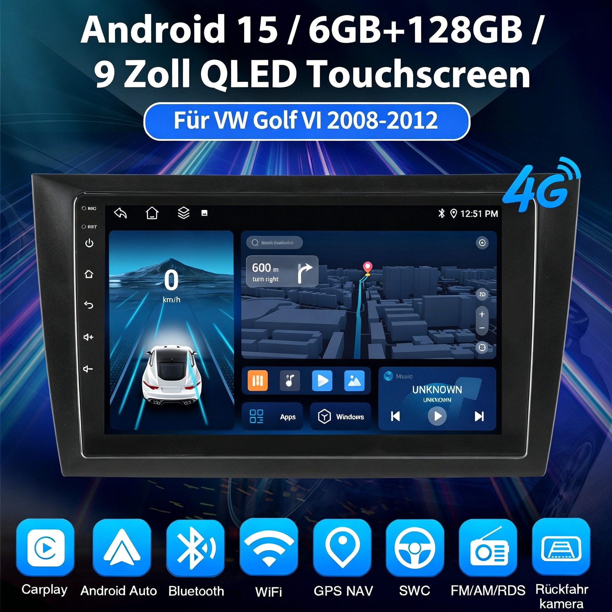 ESSGOO DAB+ Android 15 8 Core 6+128G Für VW Golf VI 08-12 Carplay RDS Autoradio (RDS, 6GB+128GB, 4G LTE, Digitalradio (DAB), FM, AM, SWC, Carplay Android Auto Bluetooth EQ USB GPS Navi DAB (optional)