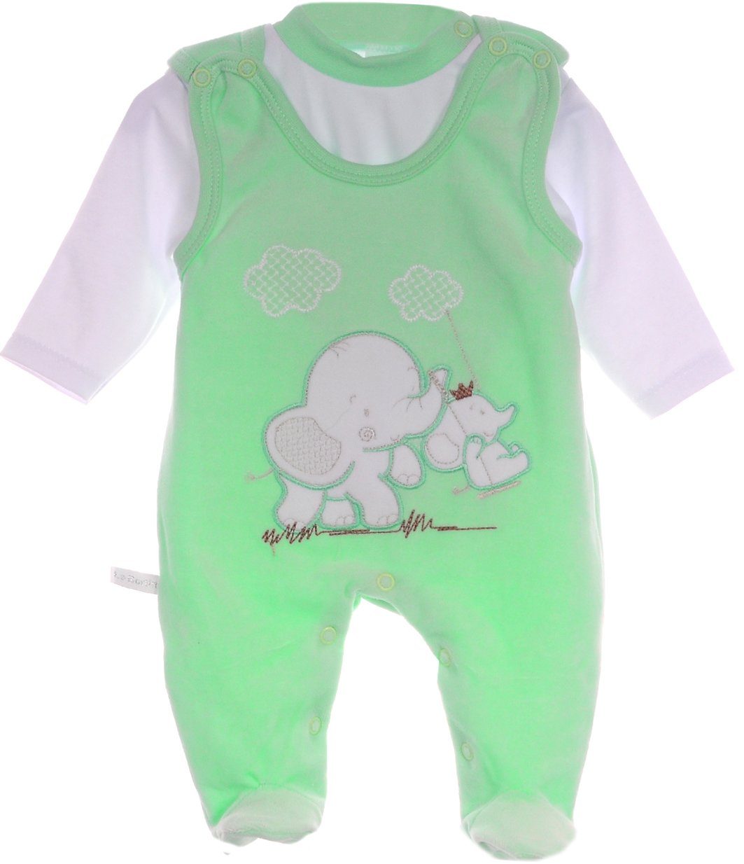 La Bortini Strampler Strampler und Shirt Baby Anzug in Grün mit Elefanten Stickerei aus Baumwolle und Velours, 44 50 56 62 68