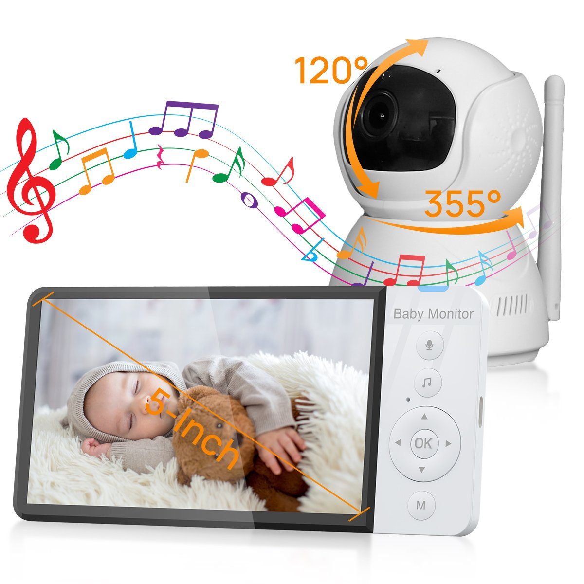 VSIUO Video-Babyphone Video Babyphone mit Kamera, 5.0" Digital LCD Bildschirm, 5000 mAh, Babymonitor mit VOX modus, Nachtsicht, Temperatursensor, Schlaflieder, Zwei-Wege-Audio, Gegensprechfunktion, 720P IPS-Bildschirm, 2.4GHZ FHSS-Verschlüsselungstechnologie