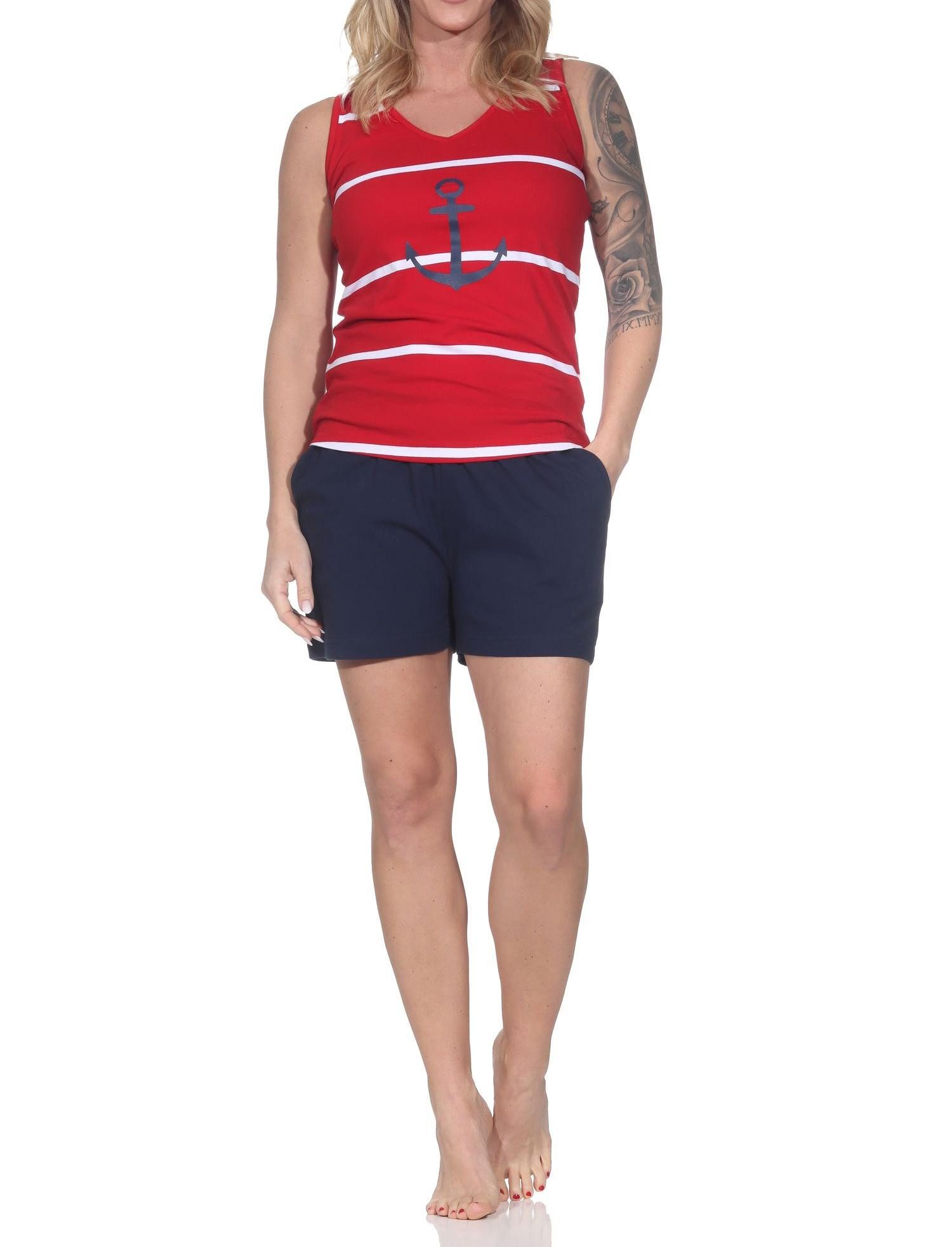 Normann Pyjama Maritimer ärmelloser Damen Shorty Schlafanzug mit Leuchturm Motiv