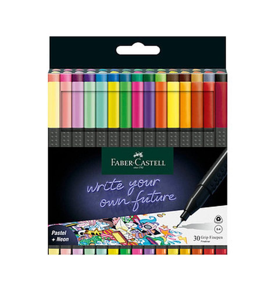 Faber-Castell Fineliner Grip Finepen 30er Etui, (30-tlg), inkl. Pastel- und Neon-Farben, Linkshänder und Rechtshänder geeignet