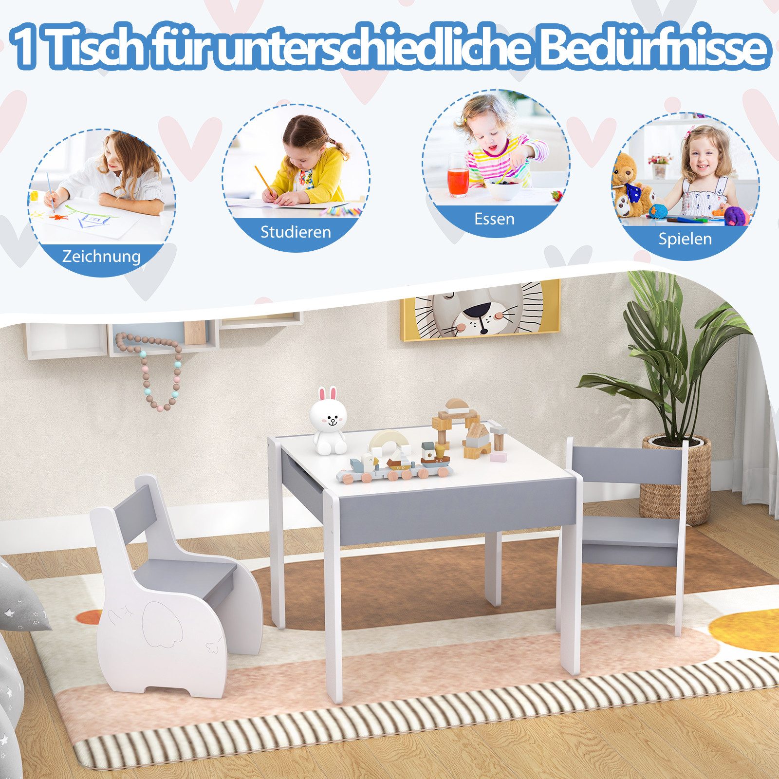 COSTWAY Kindersitzgruppe 3tlg. Kindertisch, aus Holz, günstig online kaufen