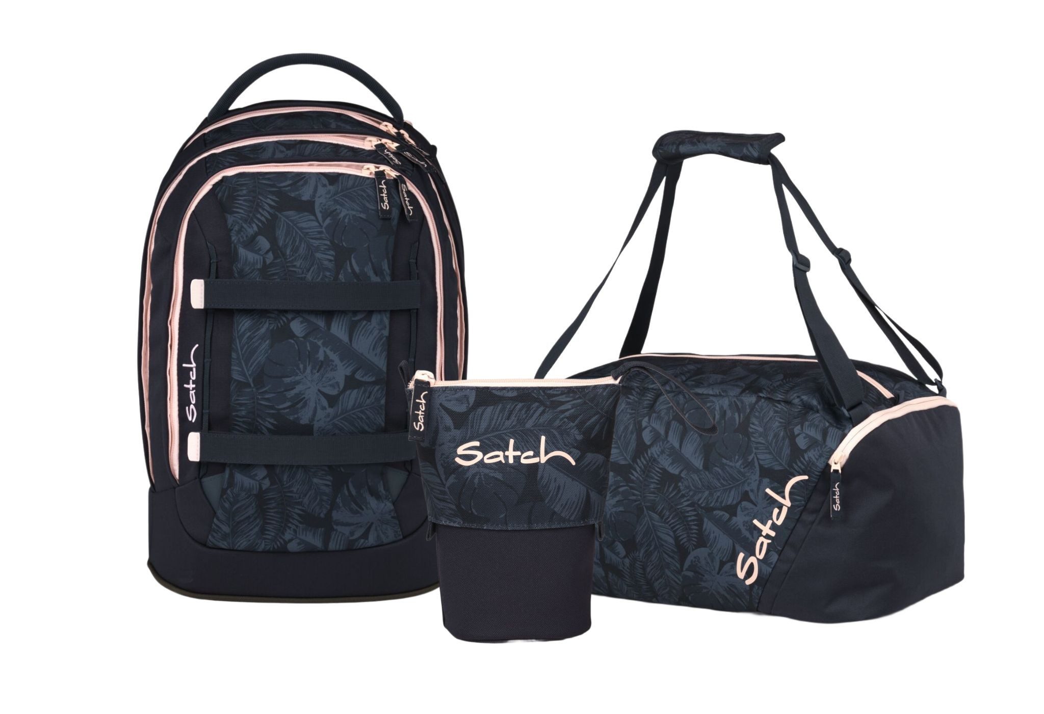 Satch Schulranzen Schulrucksack-Set PACK Midnight Jungle 3-teilig (3-teilig), ergonomisch, Your-Size-System, 5 Fächer