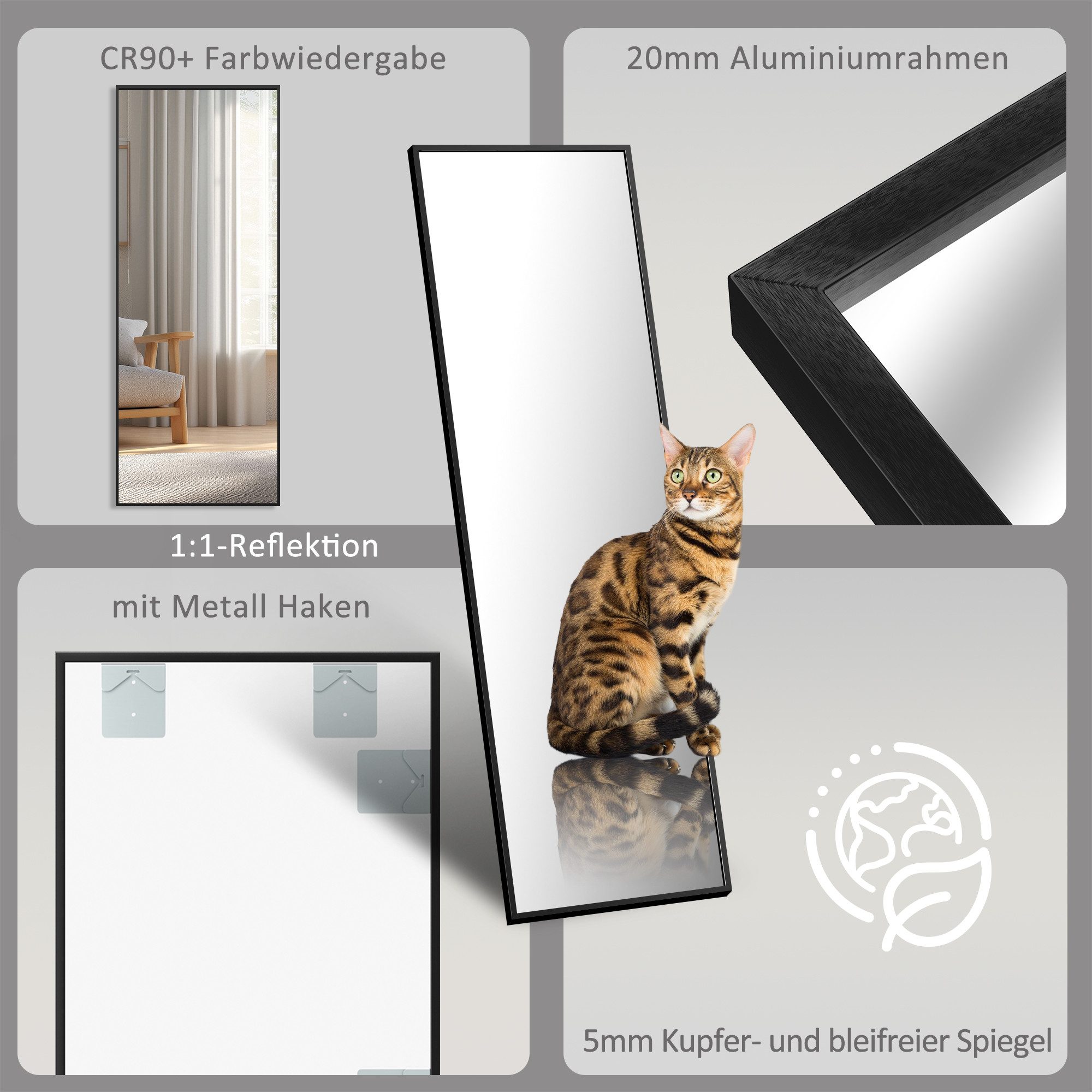 Boromal Spiegel Flur Ganzkörper 150x50 160x40 140x40 Flurspiegel schwarz (Wandspiegel Groß HD Bodenspiegel, mit Alu Metall Rahmen), explosionsgeschützt, 4 Installationsmethoden