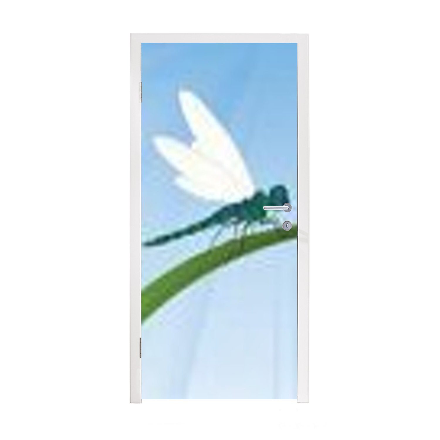 MuchoWow Türtapete Eine Illustration einer Libelle auf einem Grashalm, Matt, bedruckt, (1 St), Fototapete für Tür, Türaufkleber, 75x205 cm