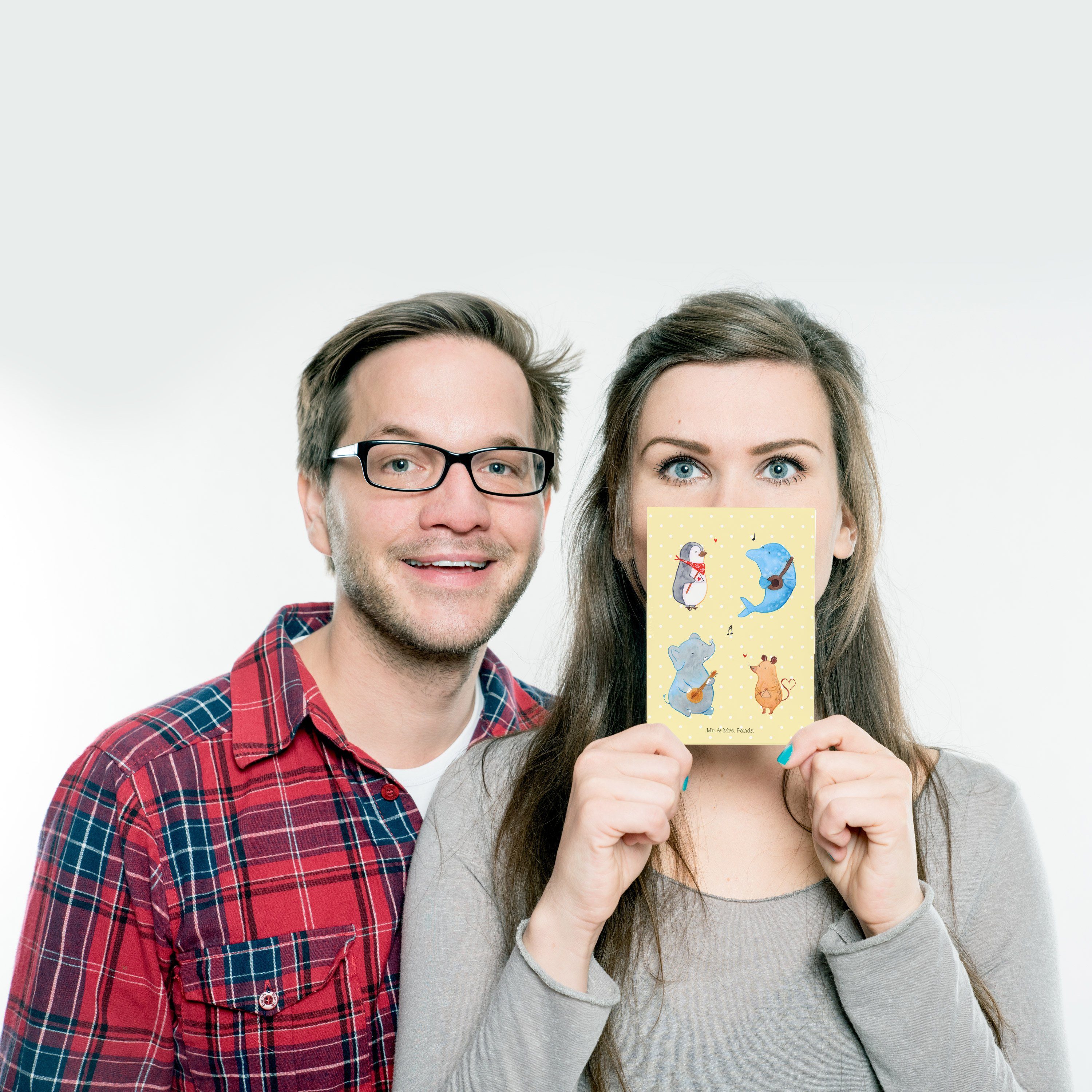 Mr. & Mrs. Panda Postkarte - Geschenk, - Band Pastell Mus Big Tiermotive, Gelb Geburtstagskarte
