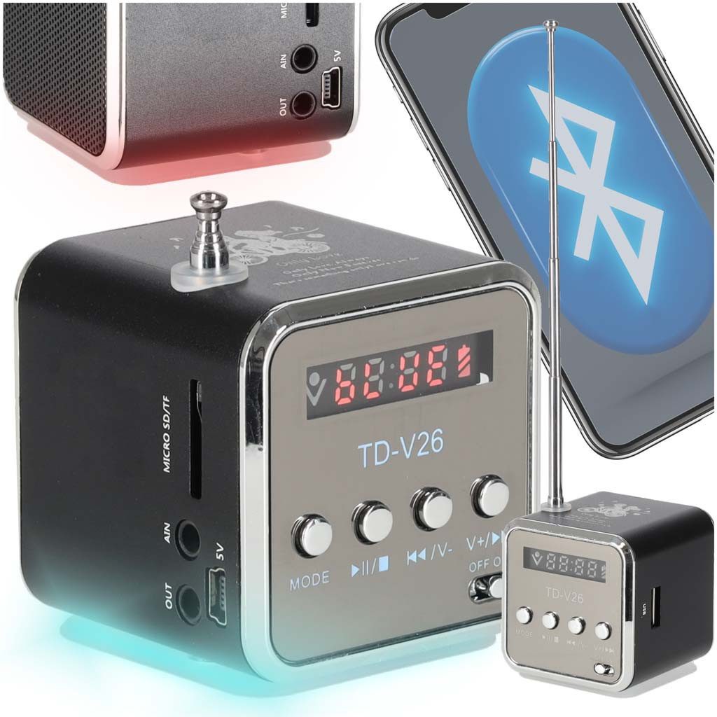 Ikonka Tragbarer Bluetooth-Lautsprecher TD-V26 mit LCD Display & LED Effekten Bluetooth-Speaker Mono (3 W, Tragbarer Bluetooth-Lautsprecher TD-V26 mit LCD, LED & USB/SD)