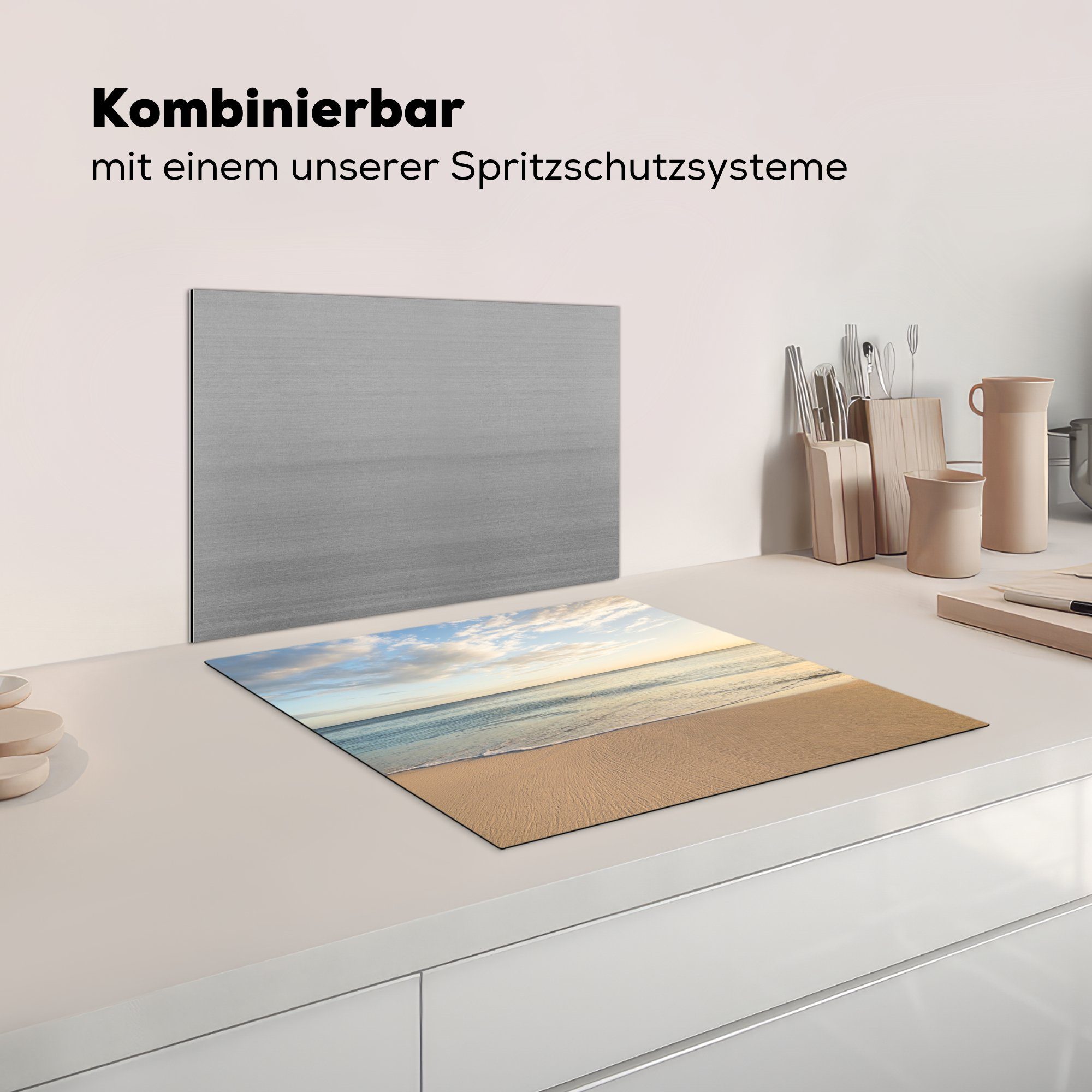 MuchoWow Herdblende-/Abdeckplatte Strand cm, - Induktionsmatte Wasser für Vinyl, tlg), küche, 59x52 - Wolken, (1 Ceranfeldabdeckung die