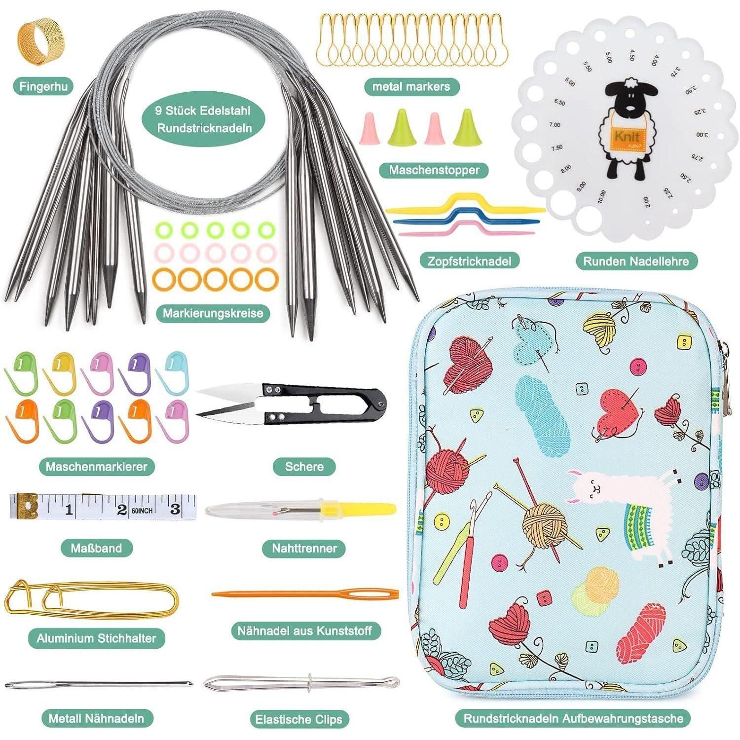 LuxusKollektion Rundstricknadeln Edelstahl Rundstricknadeln Set 80 cm mit Tasche, 9 Stück, Nadellehre